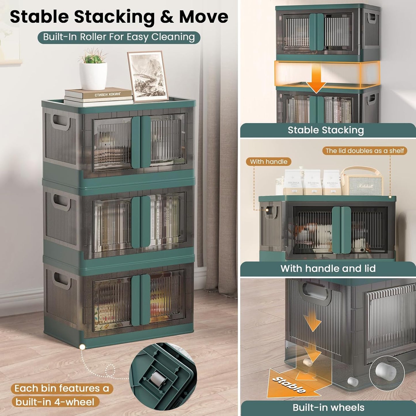 8.4Gal Collapsible Storage Bins with Lids & Wheels - 3 Pack Stackable with Doors, Heavy-Duty Plastic Containers for Home/Office, Green