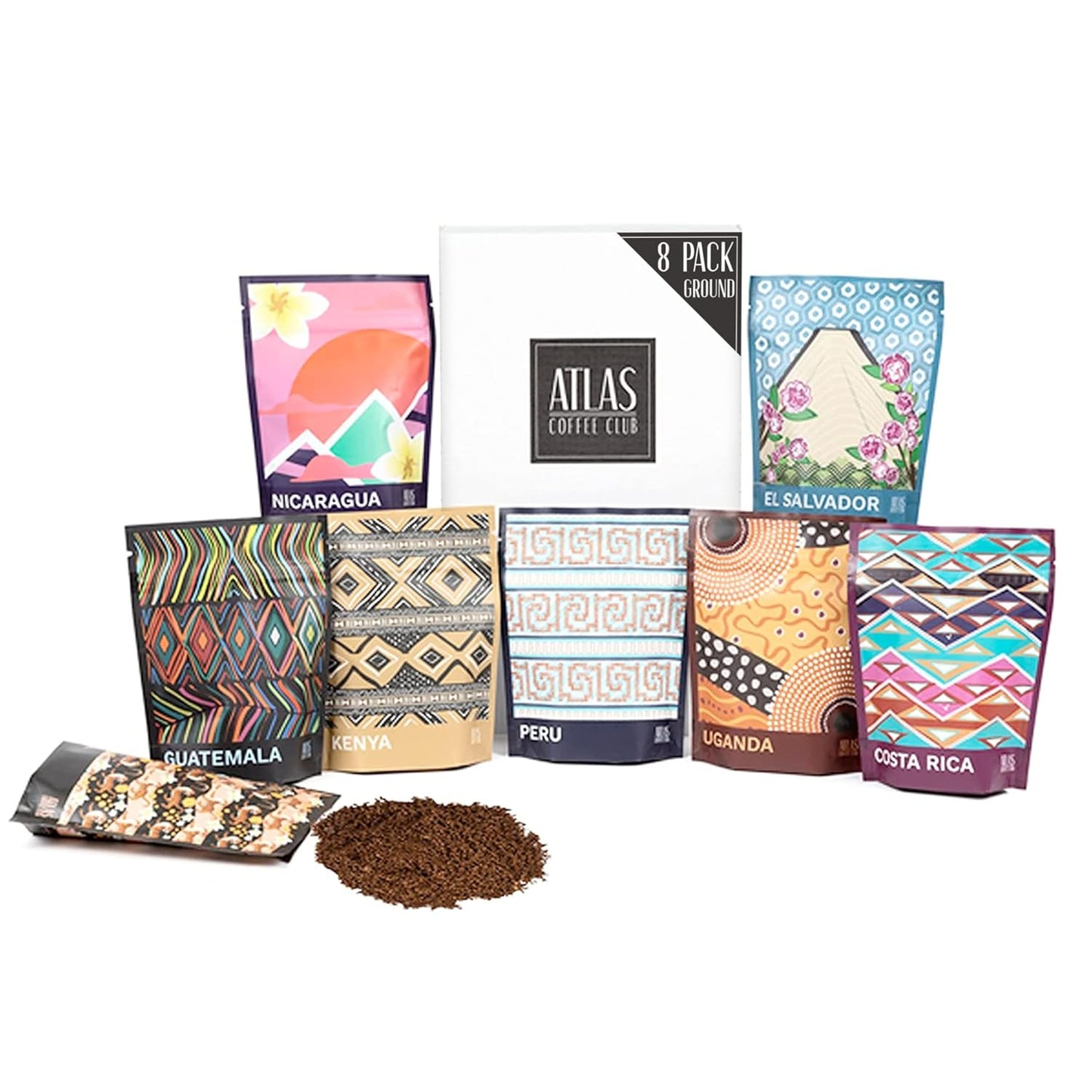 Atlas Coffee Club World of Coffee Discovery Set - Gourmet Coffee Gift Sampler - 8-Pack Variety Box of the World’s Best Single Origin Coffees - Freshly Ground Coffee