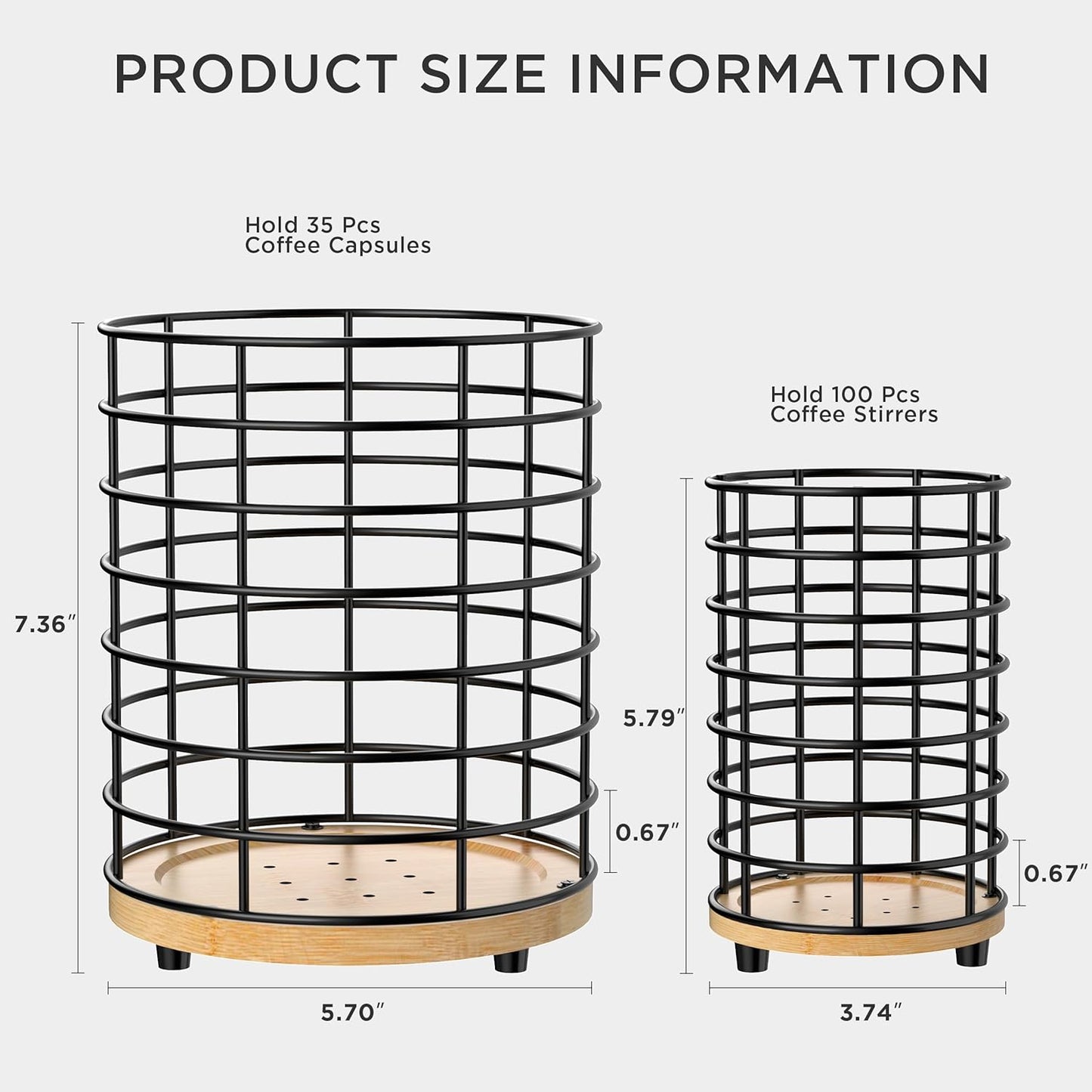HBlife Coffee Pod Holder & Coffee Stirrers Holder Set, Metal and Wooden Coffee Bar Accessories Large Capacity Kitchen Counter Decor for Keurig K cup & Nespresso Vertuo (Black Wire)