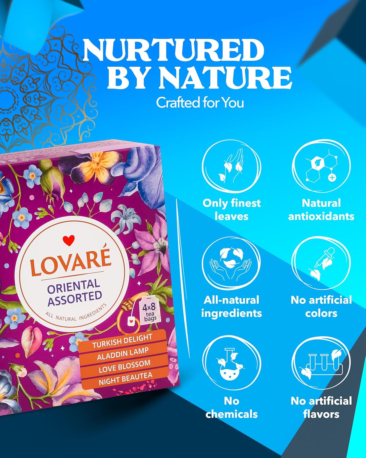 LOVARE Oriental Assorted Tea Variety Pack 32 Pack - Made in Ukraine - Tea Bags Individually Wrapped - Turkish Delight, Aladdin Lamp, Love Blossom, Night Beautea - Assorted Tea Bags Variety Pack