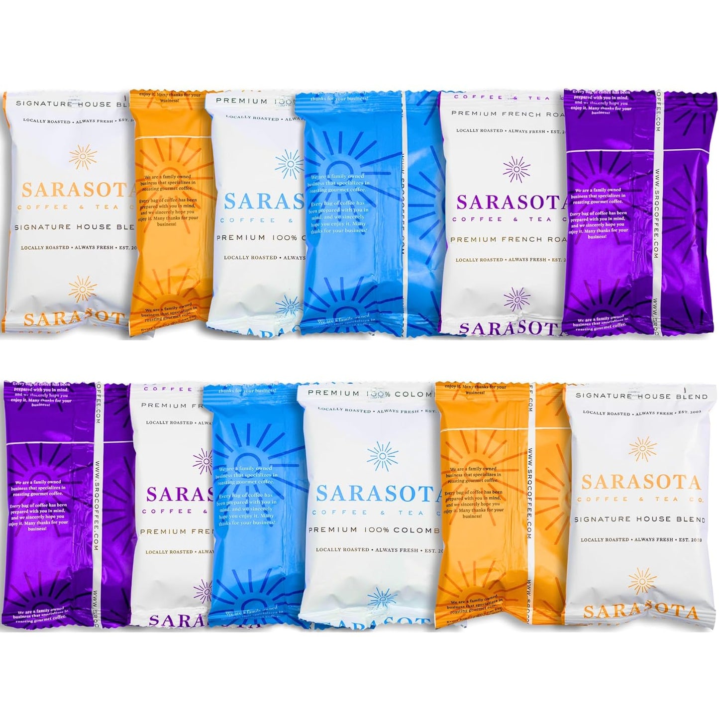 Sarasota Coffee Ground Packets | Gift Set Assorted Variety Sampler Packs | Medium, Colombian, & Dark Roast | Gourmet Low Acid Mold Free Individual Pouches for 12 Cup Coffee Maker | 2 Oz Bags, 12 Count