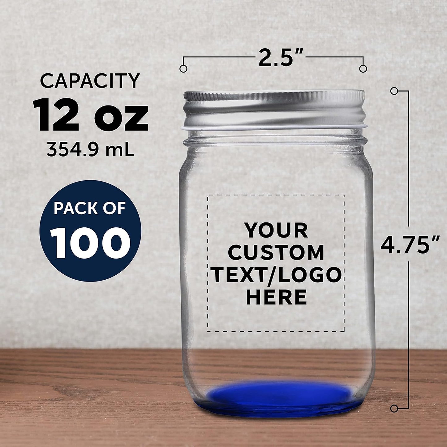 DISCOUNT PROMOS 100 Decorating Mason Jars Set, 12 oz. - Customizable Text, Logo - Canning, Aluminum Lid - Blue