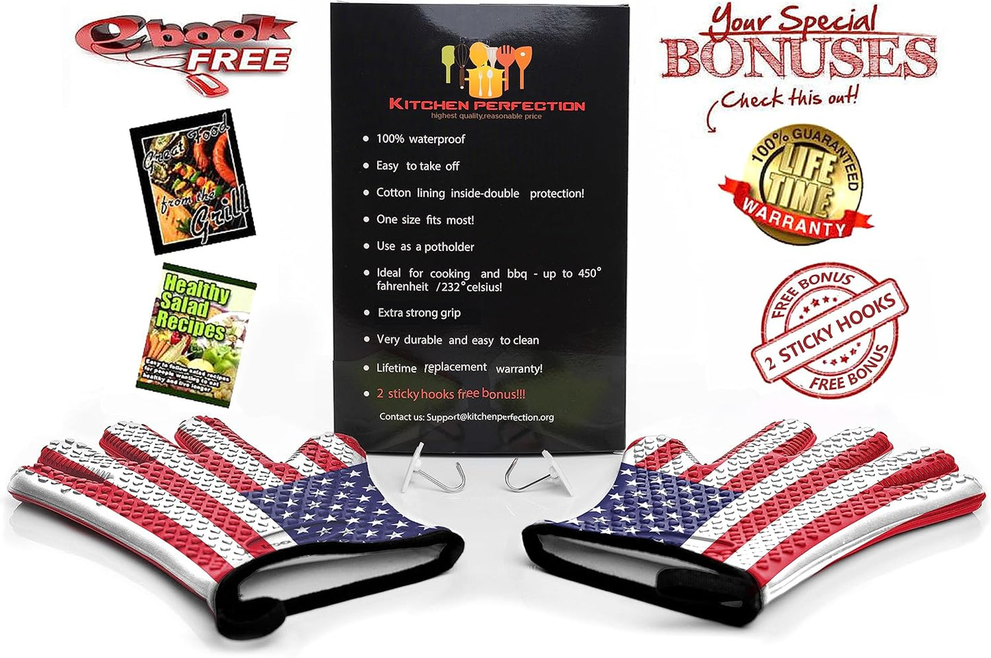 Kitchen perfection XL Silicone Smoker Oven Gloves-Extreme Heat Resistant BBQ Gloves-Handle Hot Food Right on Your Grill Fryer&Pit|Waterproof Grilling Cooking Baking Mitts|Superior Value Set+3 Bonuses