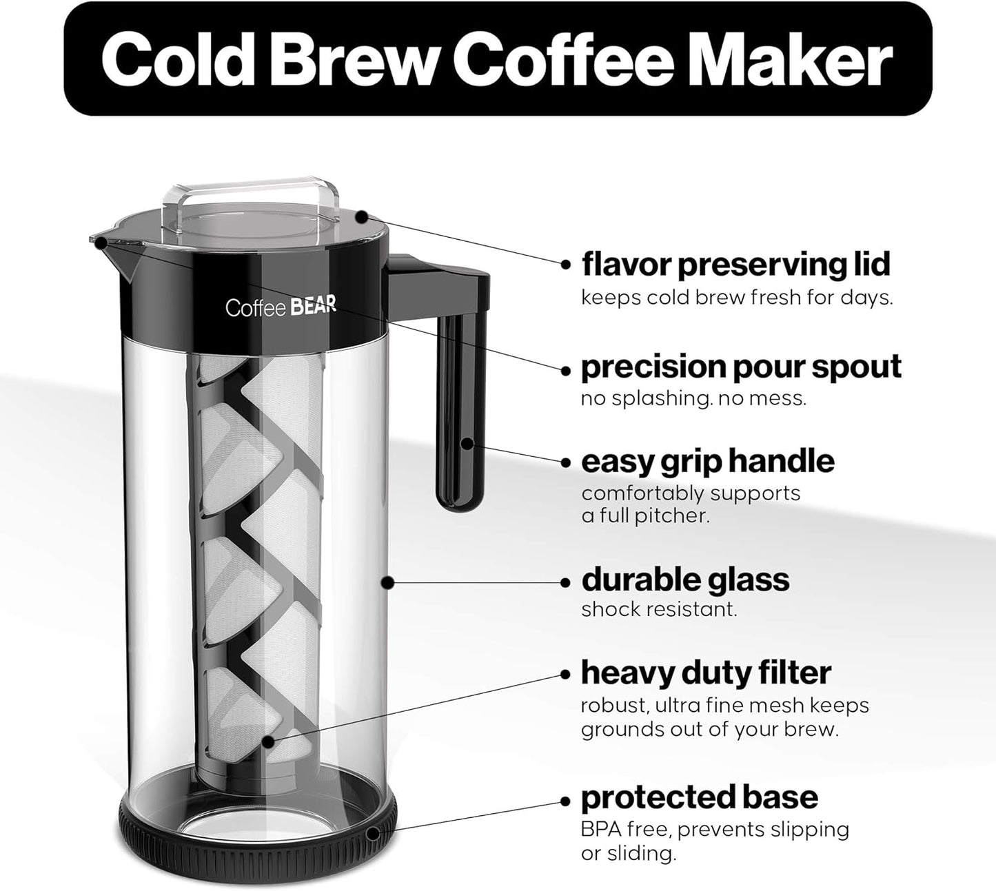 COFFEE BEAR – Cold Brew Coffee Maker and Iced Tea Brewer, Large 1.3L (44oz) Borosilicate Glass Pitcher with Reusable Mesh Filter, Easy to Clean, Dishwasher Safe