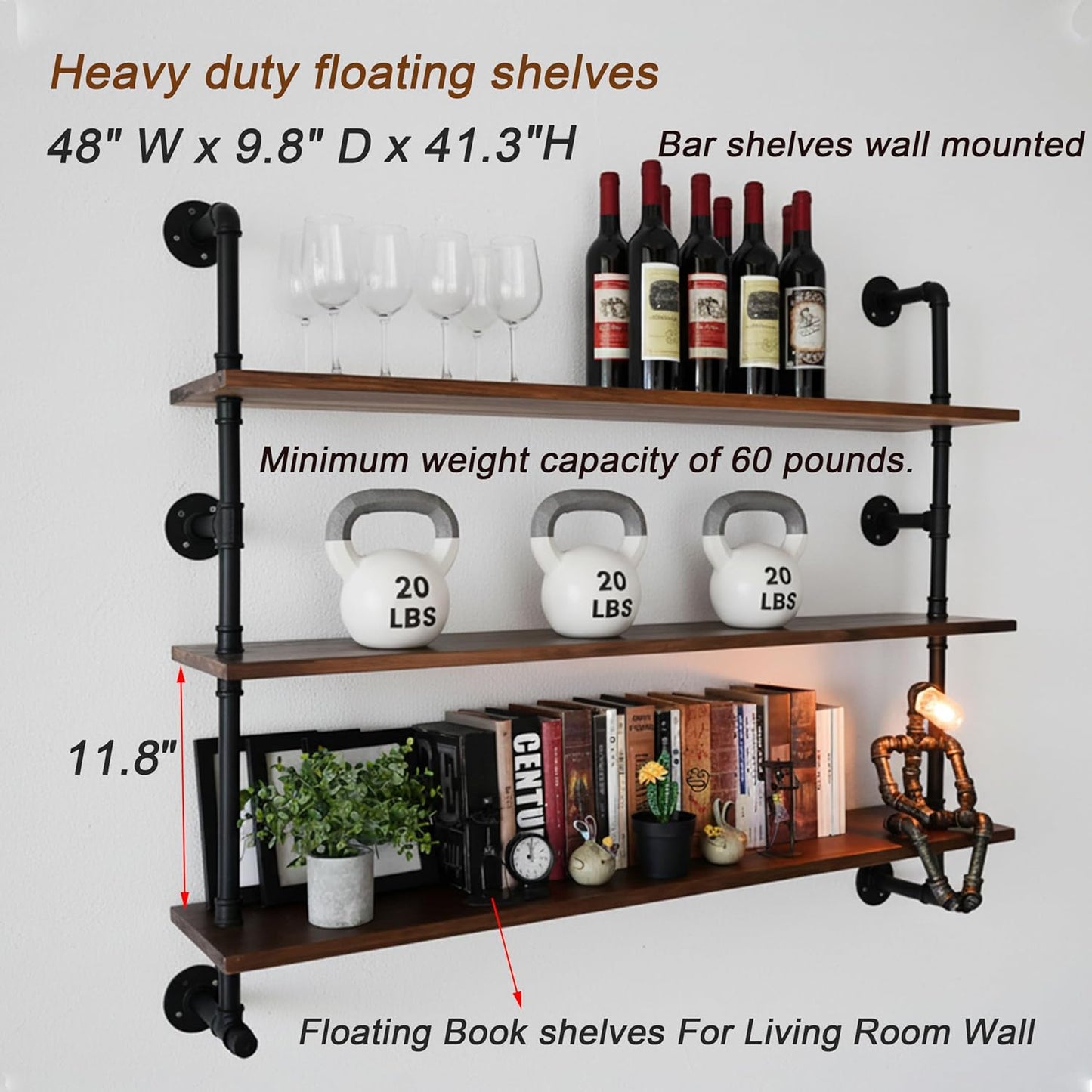 Industrial Pipe Wall Shelves Pipe Shelving with Real Wood Plank,48 Inches Floating Shelves for Wall Farmhouse Pipe Book Shelves Dark Brown 3 Tier for Kitchen,Living Room Decor and Bar Shelving