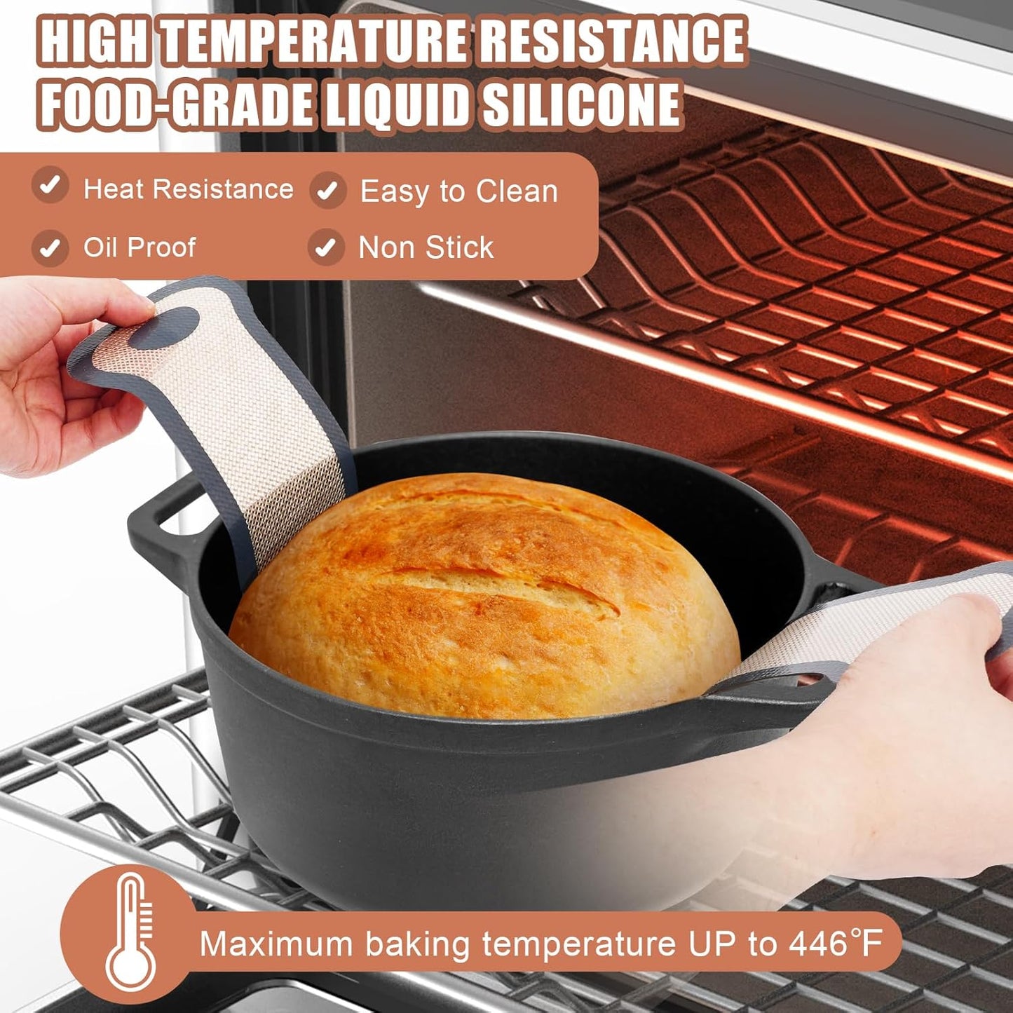 Sourdough Silicone Bread Sling, Non-Stick & Easy Clean Dutch Oven Baking Mat with Longer Handles, Silicone Baking Sling to Transfer SourDough Easily, Reusable Bread Mat Set with Storage Bracelet