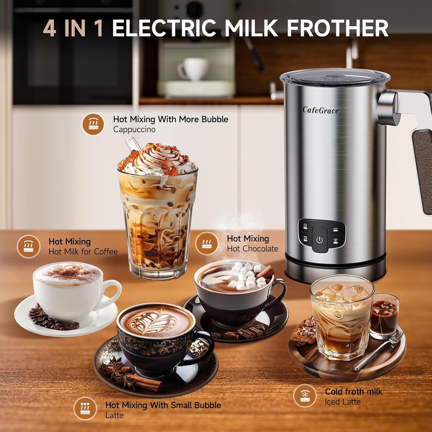 Milk Frother, 4-in-1 Milk Frother and Steamer, Automatic Hot and Cold Foam Maker and Milk Steamer for Coffee, Latte, Cappuccino, Macchiato, Hot Chocolate, Matcha