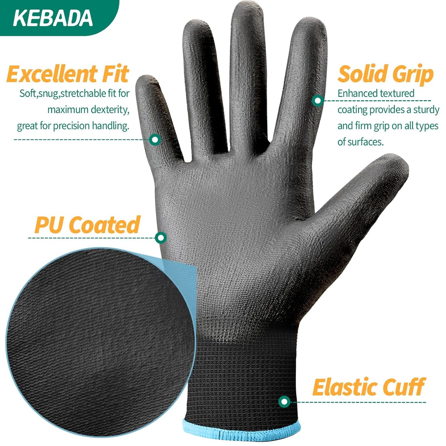 Kebada Safety Work Gloves, 12 Pairs Work Gloves with Grip, PU Coated Grip Gloves for Warehouse, Construction, Gardening and Mechanics, Black, Medium