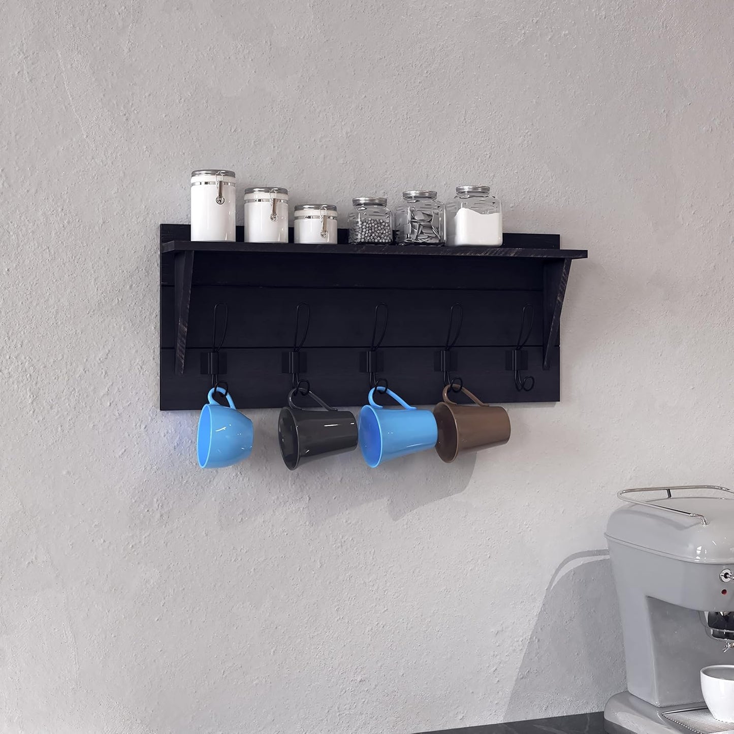 HBCY Creations 24" Wall Mounted Storage Rack - Pine Wood Construction - Black Wash - Upper Storage Shelf - 5 Hooks - Ideal for Entryway, Kitchen, Bathroom