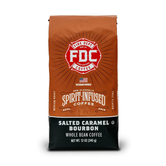Fire Department Coffee - Salted Caramel Bourbon Coffee - Gives Back to Firefighters - Premium Bourbon Infused - Whole Bean Medium Roast - Non-Alcoholic - Roasted in the USA - Veteran Owned - 12 oz