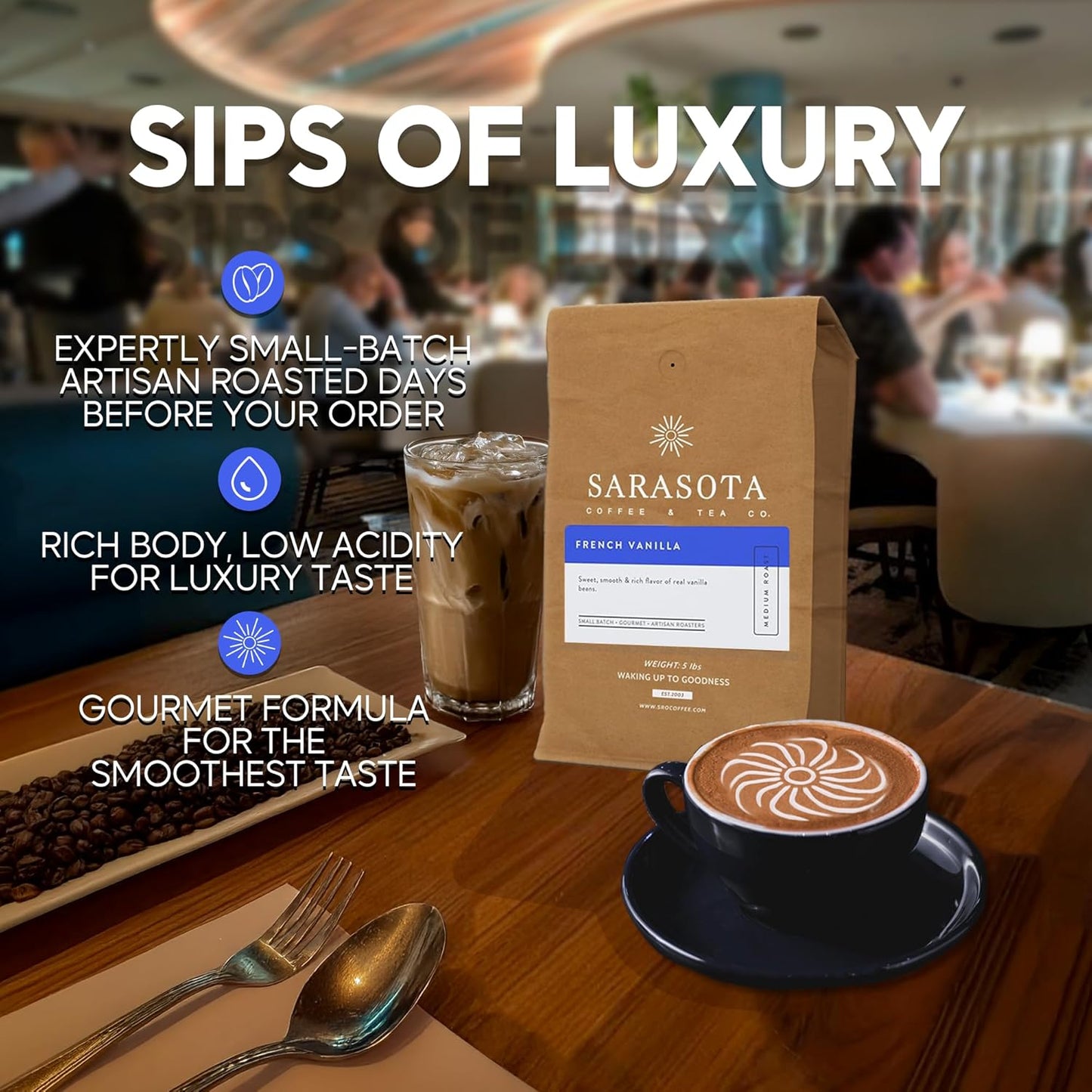 Sarasota Coffee Ground French Vanilla | Medium Roast Gourmet Flavored Coffee Grounds | Low Acid, Mold Free, Specialty Grade Flavored Bulk Ground | 5lb (80 oz)