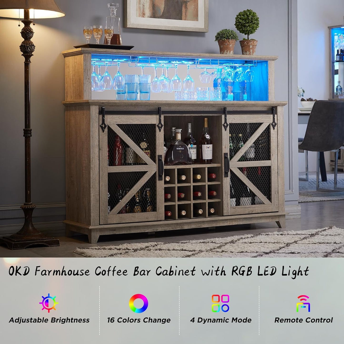 OKD Farmhouse Coffee Bar Cabinet with LED Lights, 55" Wine Bar w/Sliding Barn Door & Wine and Glass Rack, Kitchen Buffet Cabinet w/Storage Shelves for Dining Room,Light Rustic Oak