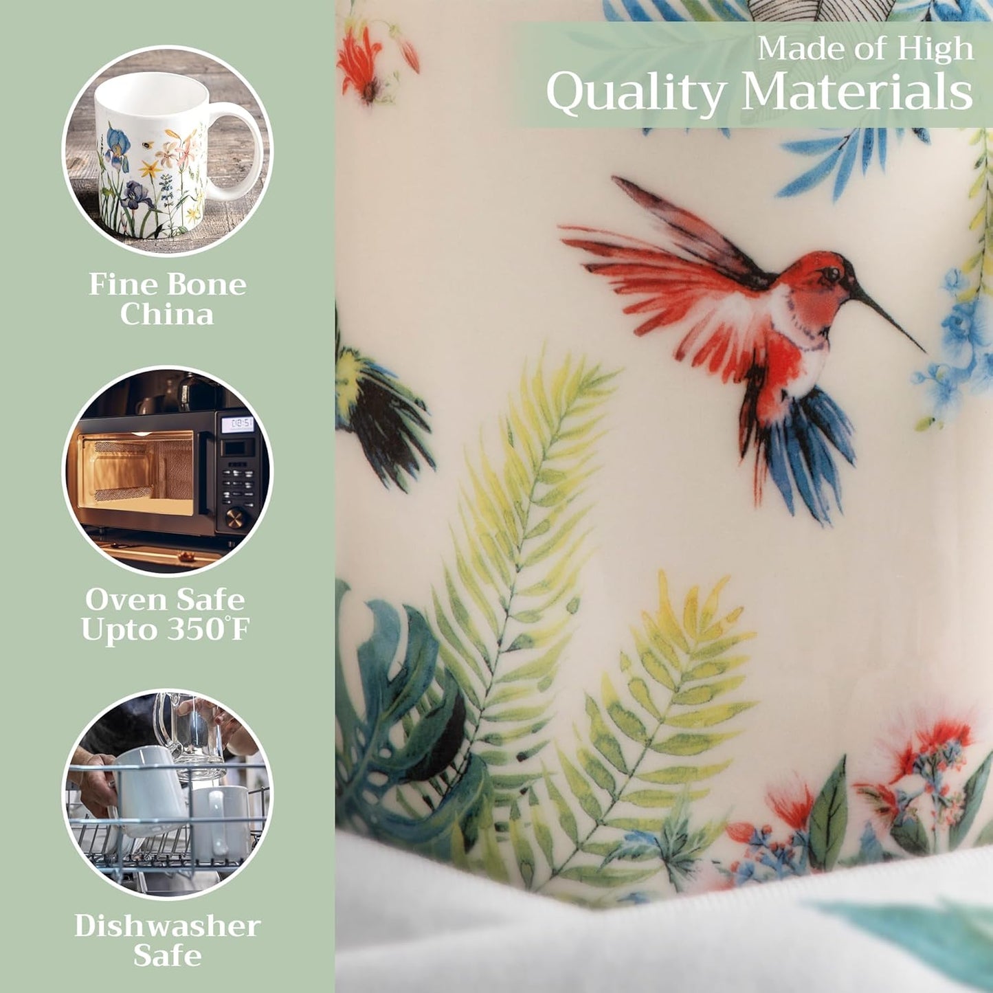 Maison d' Hermine Coffee Mug with Handles Fine Bone China Mugs Pack of One Tea Cups for Hot Beverages Cappuccino Latte Home Restaurant Office Perfect for Gift (Tropiques - Colibris, 15 Ounce)