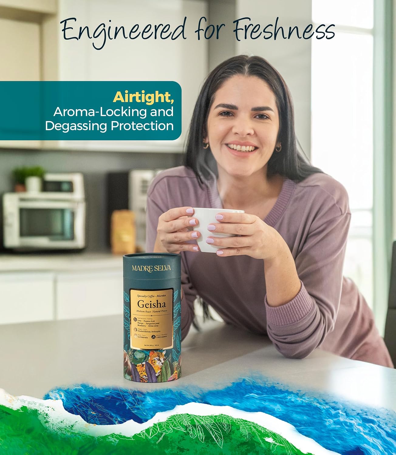 Colombian Geisha Coffee Whole Bean Medium Roast Arabica Gourmet Fresh Single Origin Premium Low Acid Exotic Notes Rich Aroma Smooth Flavor Quality High Altitude Giftable Pack Freshness Lock 8.8oz 250g