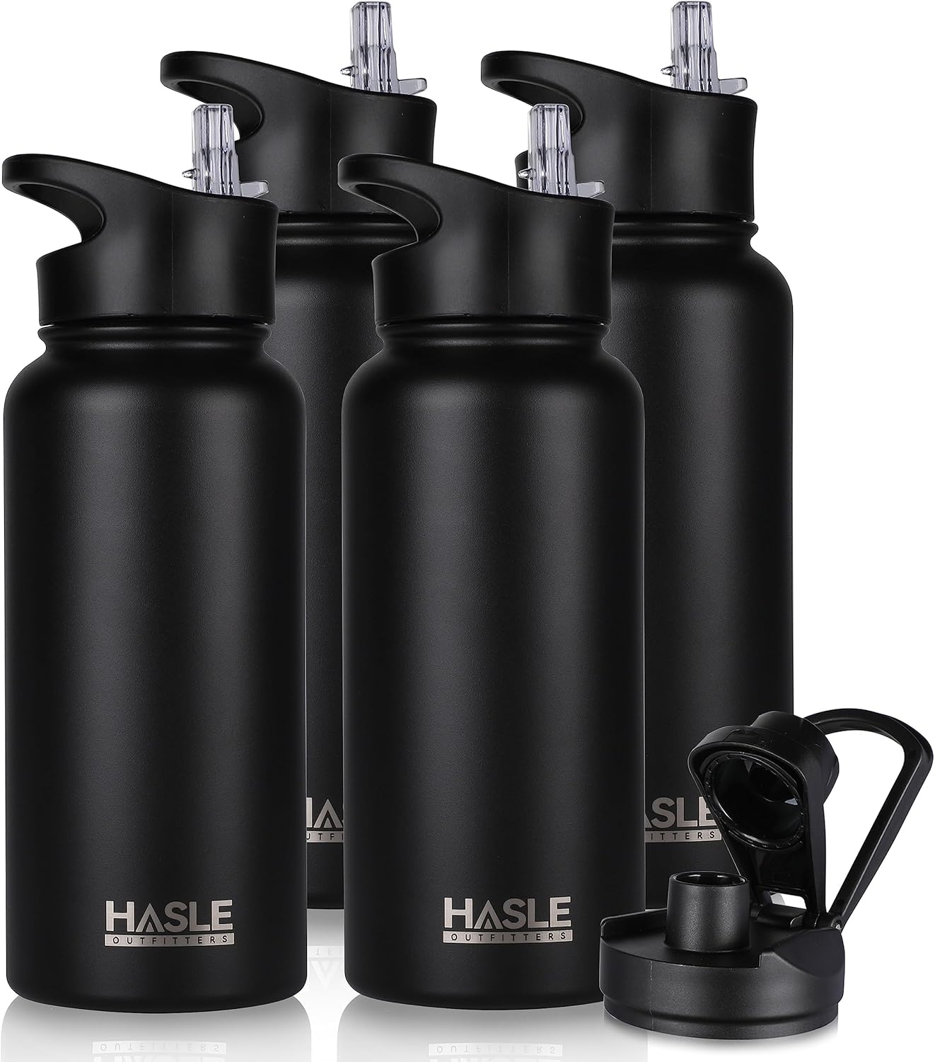 HASLE OUTFITTERS 32 oz Insulated Water Bottle Stainless Steel Double Walled Vacuum Sports Water Bottle with 2 Lids (Straw and Spout Lid) for Gym Camping Hiking(Black,4)