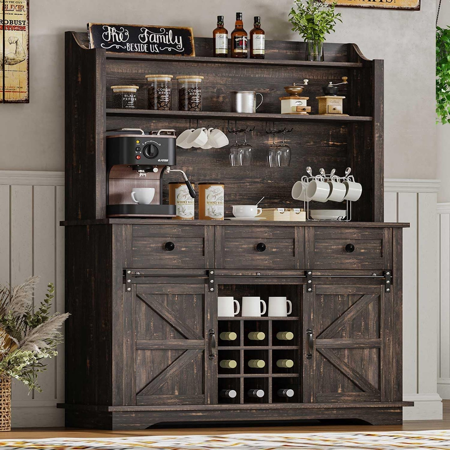 63 Inch Tall Coffee Bar Cabinet with 3-Tier Storage, Kitchen Hutch with 3 Drawers, Farmhouse Coffee Bar with 9 Racks & 3 Glass Holders, Wine Bar Cabinet for Living Dining Room, Oak