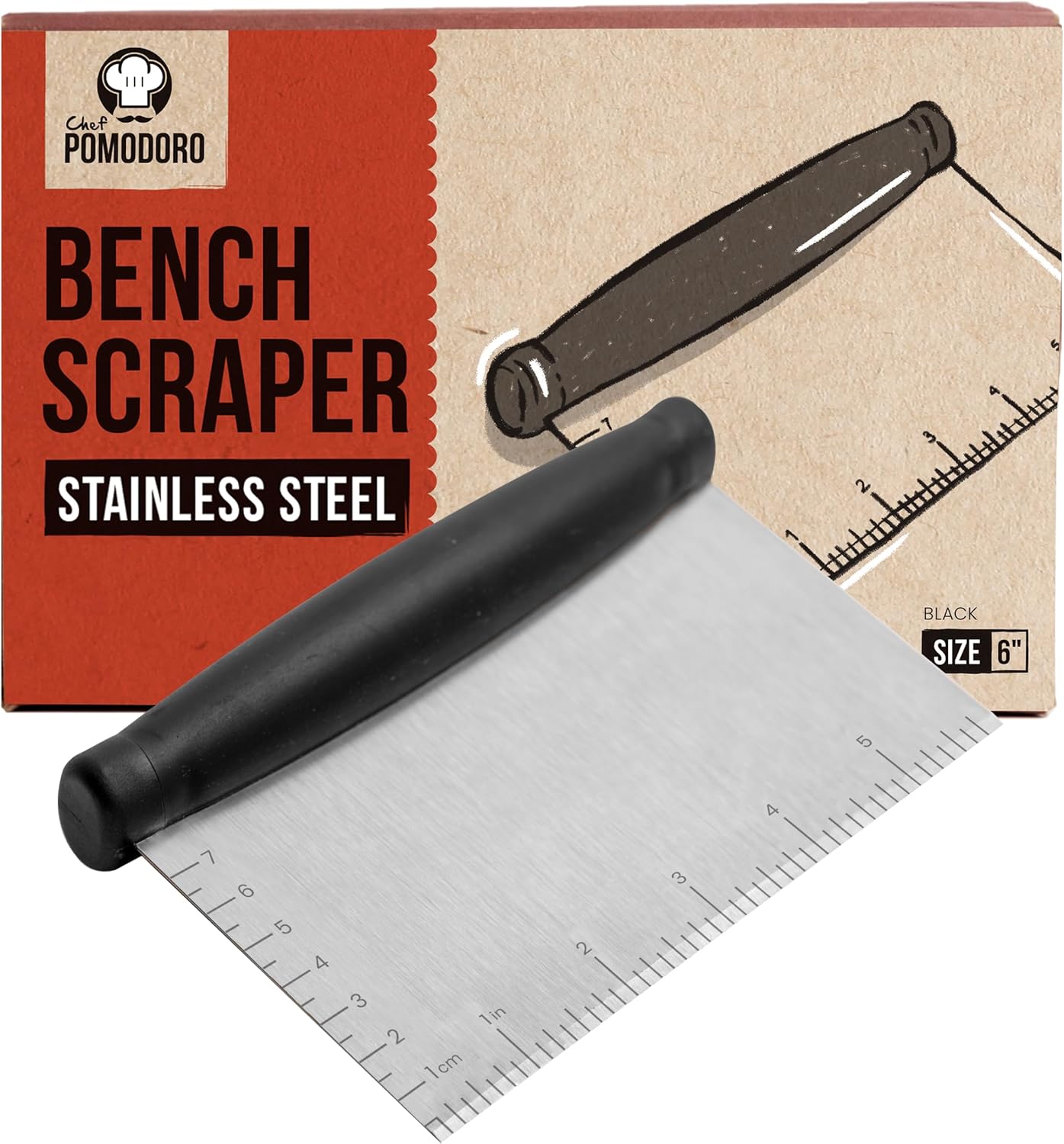 Chef Pomodoro Stainless Steel Bench Scraper 6" for Bread, Pizza and Pastry, Dough Scraper, Kitchen Scraper Tool, Sharp Edge Food Scraper Tool Kitchen, Heavy Duty Bench Knife, Nonslip Pastry Cutter