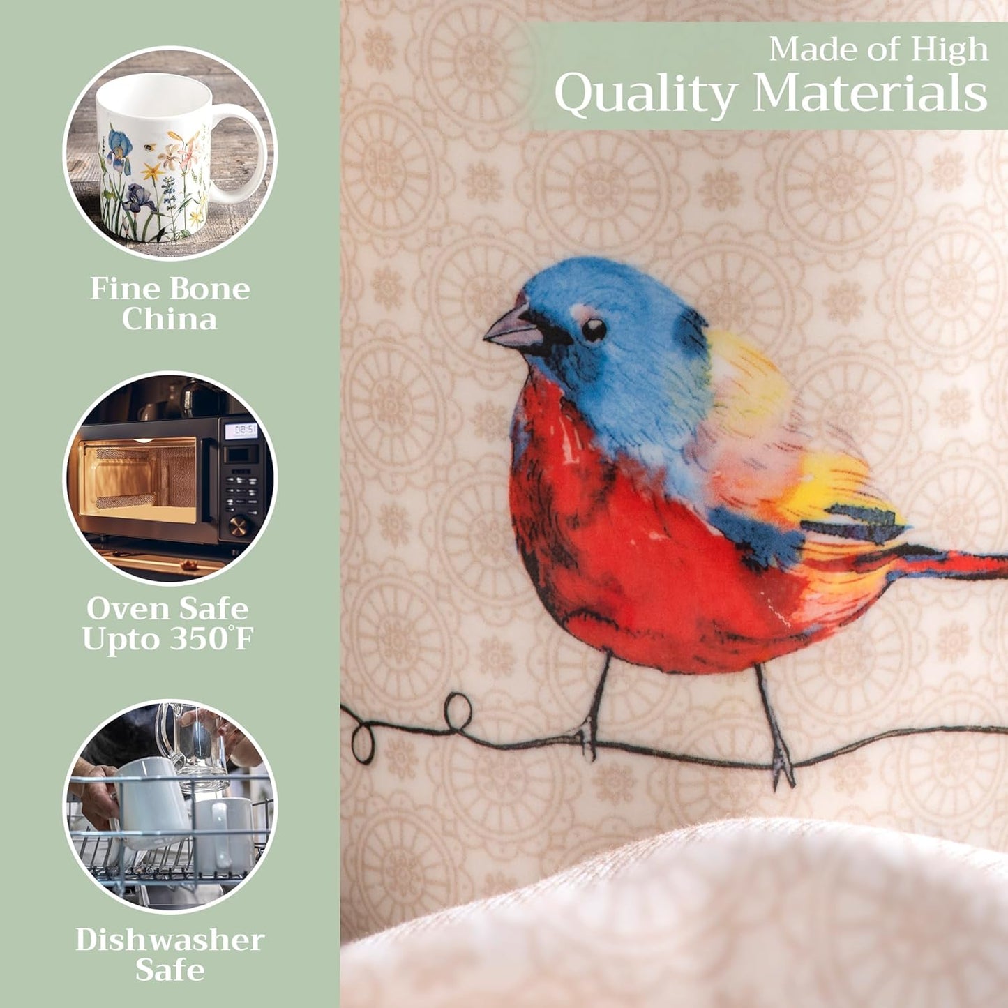 Maison d' Hermine Coffee Mug with Handles Fine Bone China Mugs Pack of One Tea Cups for Hot Beverages Cappuccino Latte Home Restaurant Office Perfect for Gift (Birdies On Wire - Robin, 15 Ounce)