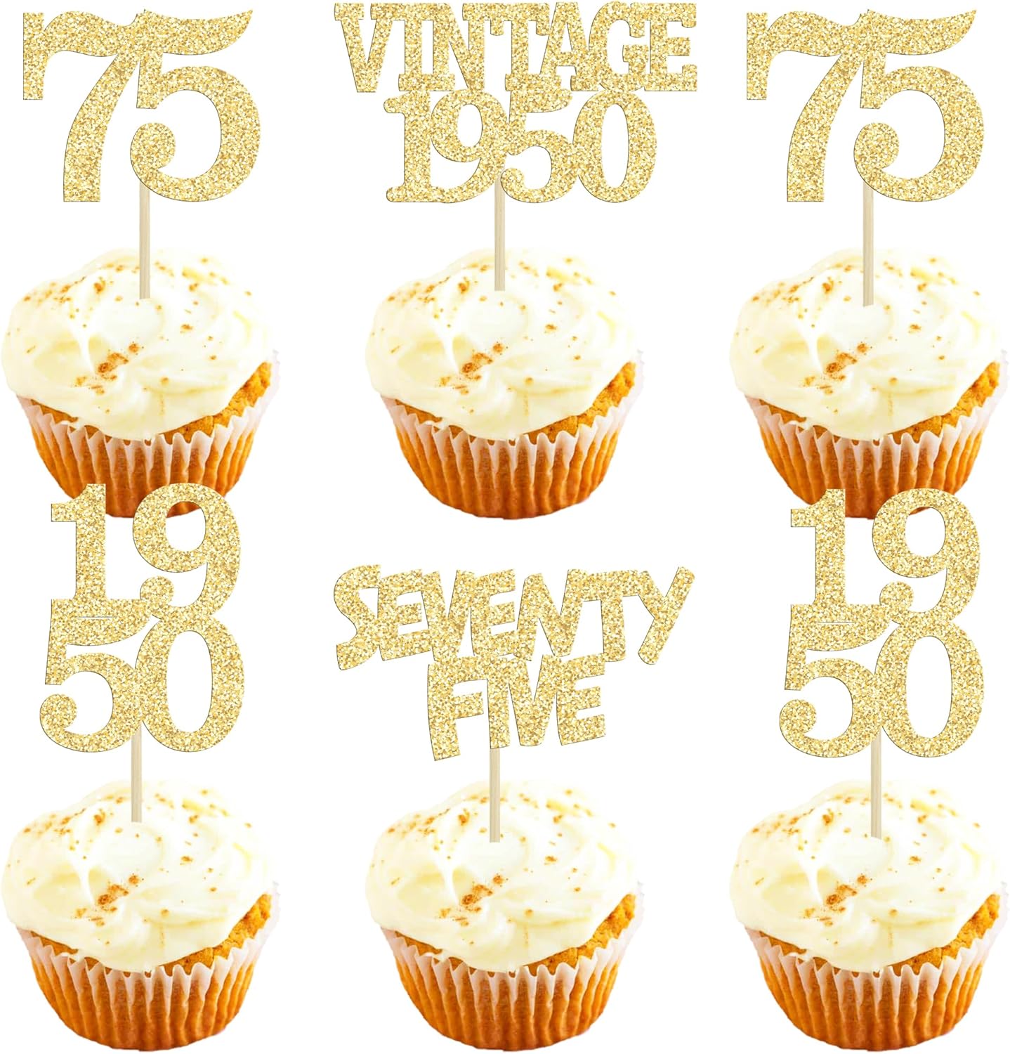 Gyufise 24Pcs 75th Birthday Cupcake Toppers Glitter Cheers to 75 Fabulous Seventy Five Vintage 1950 Cupcake Picks 75th Birthday Wedding Anniversary Party Cake Decorations Supplies Gold