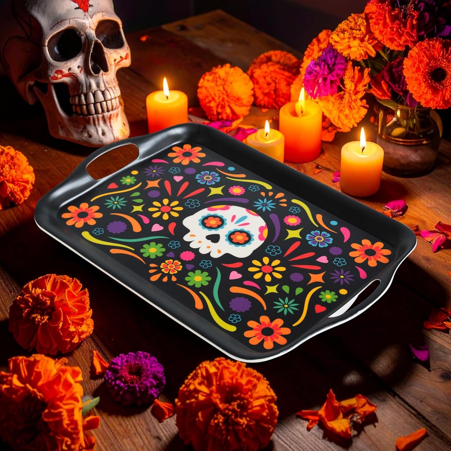 Oasis Choice 2-Pack Day of the Dead Bamboo Fiber Serving Trays - 18x13 Inch Extra Large w/Handles for BBQ, Picnic, Party - Durable Lightweight Serving Platters - Sugar Skull and Marigold Decor (Black)