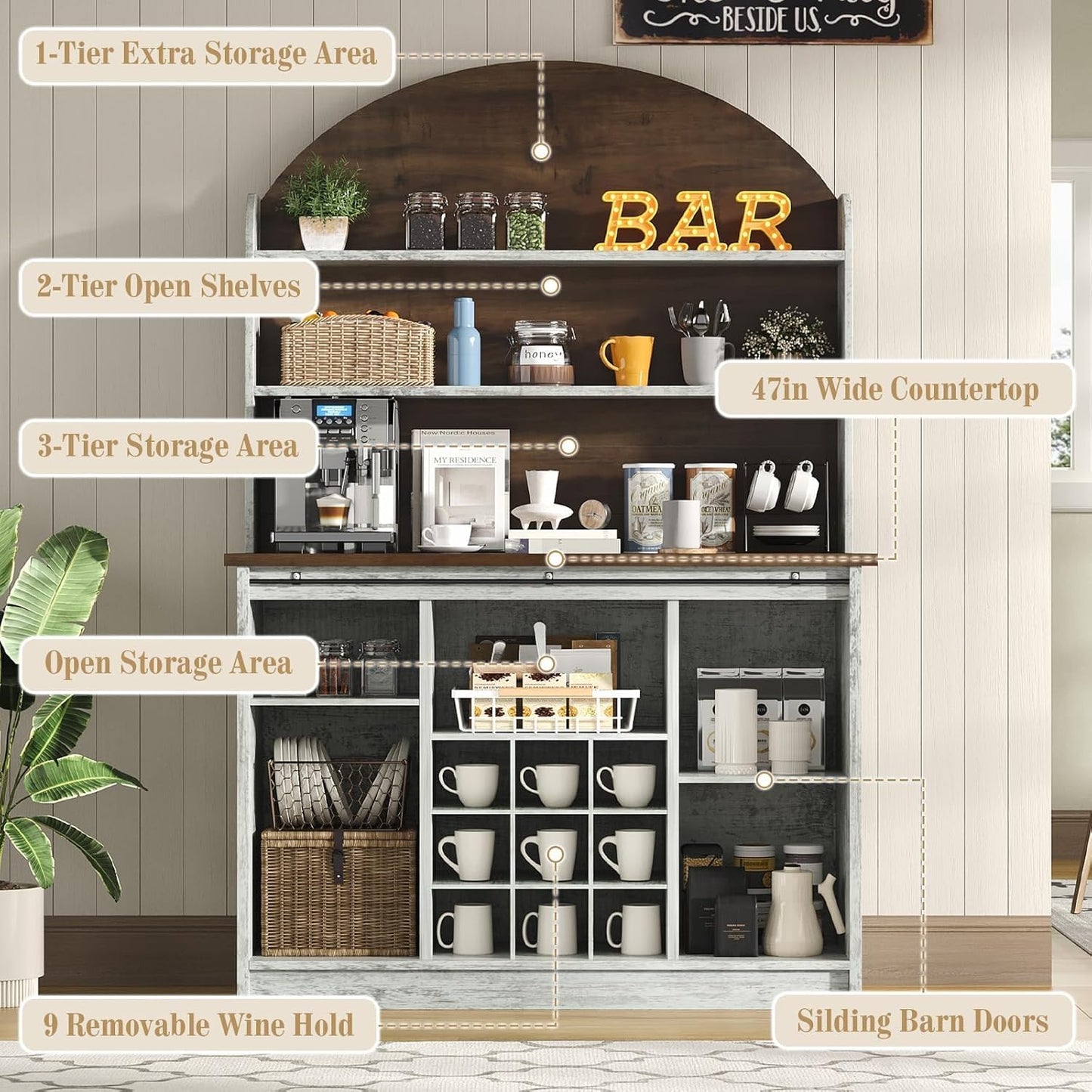4 EVER WINNER Coffee Bar with 3-Tier Storage, 67" Coffee Bar Cabinet with Sliding Barn Doors & Wine Rack, Kitchen Hutch Cabinet for Living Room, Dining Room, Grey