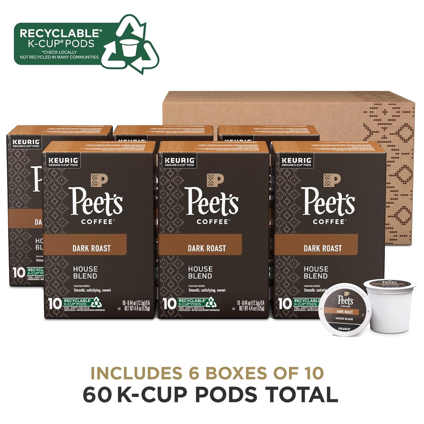 Peet's Coffee, Dark Roast Keurig K-Cup Pods - House Blend 60 Count (6 Boxes of 10 K-Cup Pods)