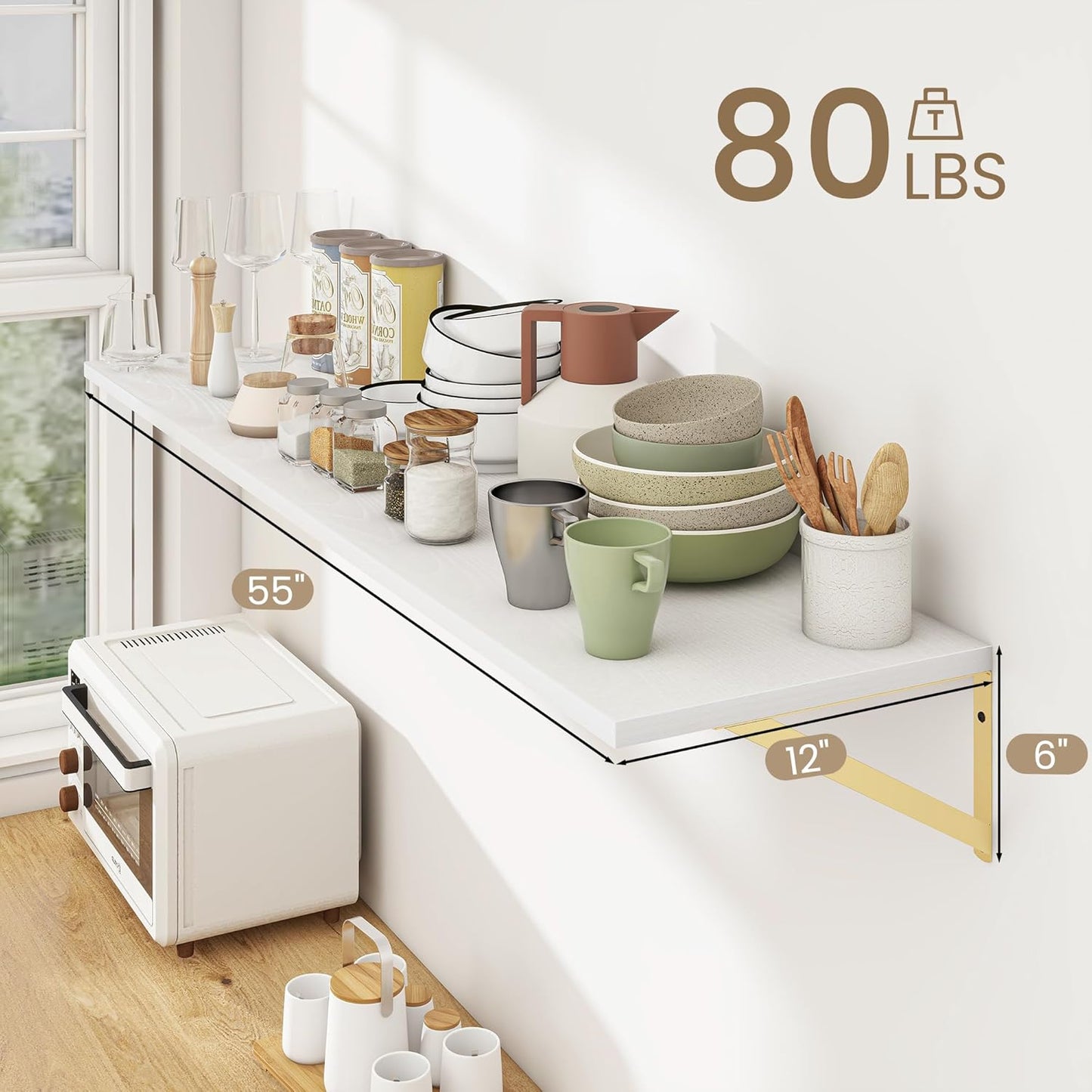 Floating Shelves for Wall, 12 Inch Deep Floating Shelves Set of 2, 55W x 12D Large Wall Shelf with Sturdy Metal Brackets for Living Room, Bathroom, Bedroom and Kitchen, White with Gold Bracket