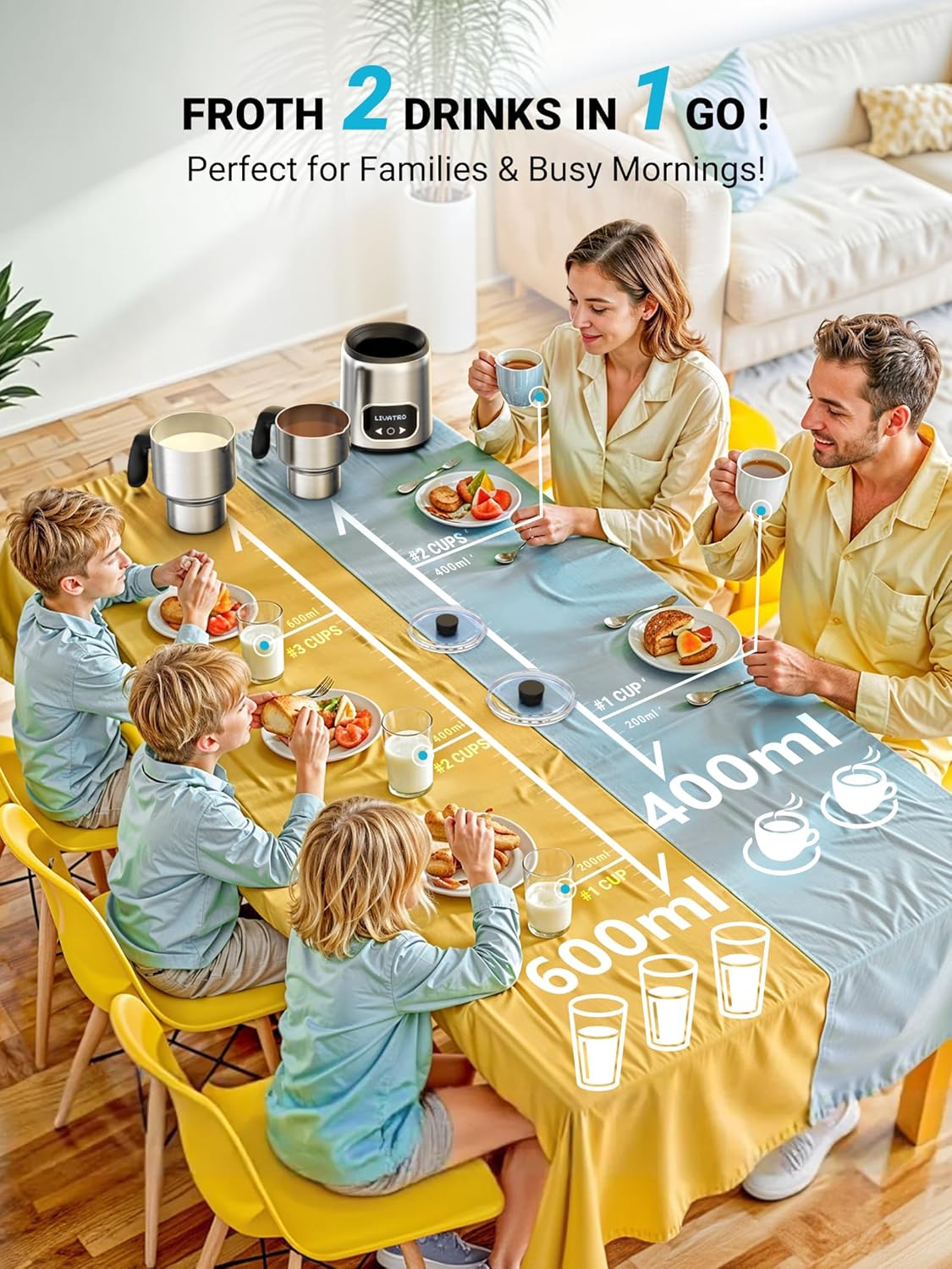 14-in-1 Electric Milk Frother and Steamer with Dual Detachable Cups (21oz & 13.5oz), IH Fast Heating Milk Warmer for Lattes/Cappuccinos/Hot Chocolate, Smart Memory, Dishwasher Safe