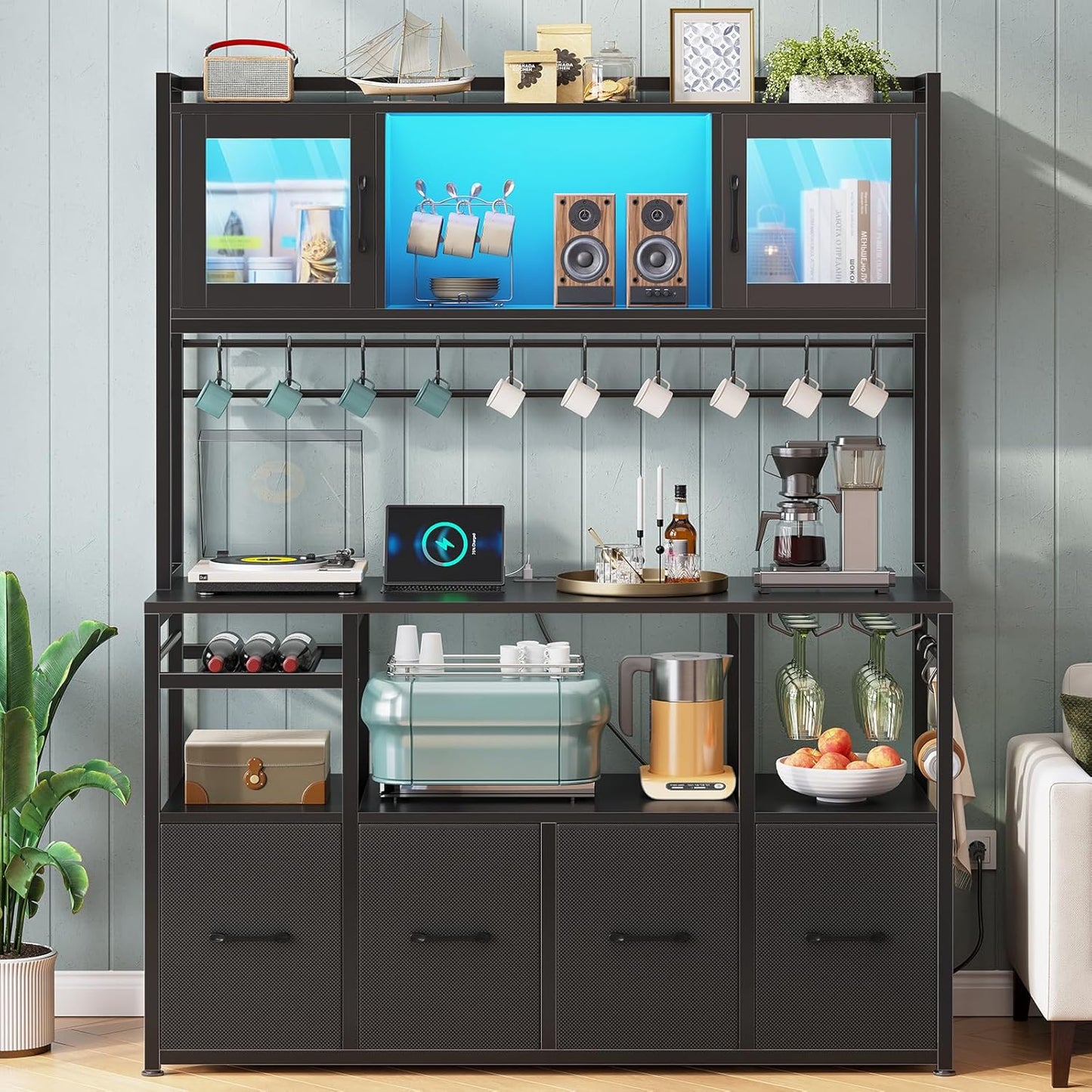 Itaar Bakers Rack with Power Outlet and LED Light, 47.2'' Microwave Stand with Storage, Kitchen Coffee Bar Cabinet with Glass Door, 4 Drawer, Wine Rack, Goblet Holder and 12 Hooks, Black