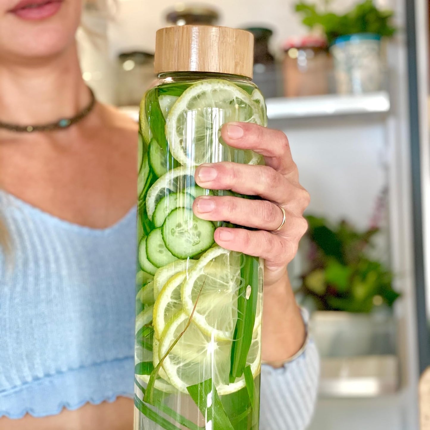 mayu Portable Container Water Bottle With Bamboo Lid - Eco Friendly & BPA Free Borosilicate Glass Infuser Bottle - Leak Free Design - For Storage, Everyday Use And Non-Toxic Hydration - 51oz 1.5L