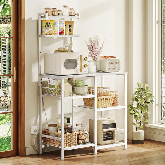 Huuger 31.5 Inch Bakers Rack with Power Outlets, Kitchen Microwave Stand with Storage, Coffee Bar with 4 Hooks, 3-Level Height Open Shelves, White