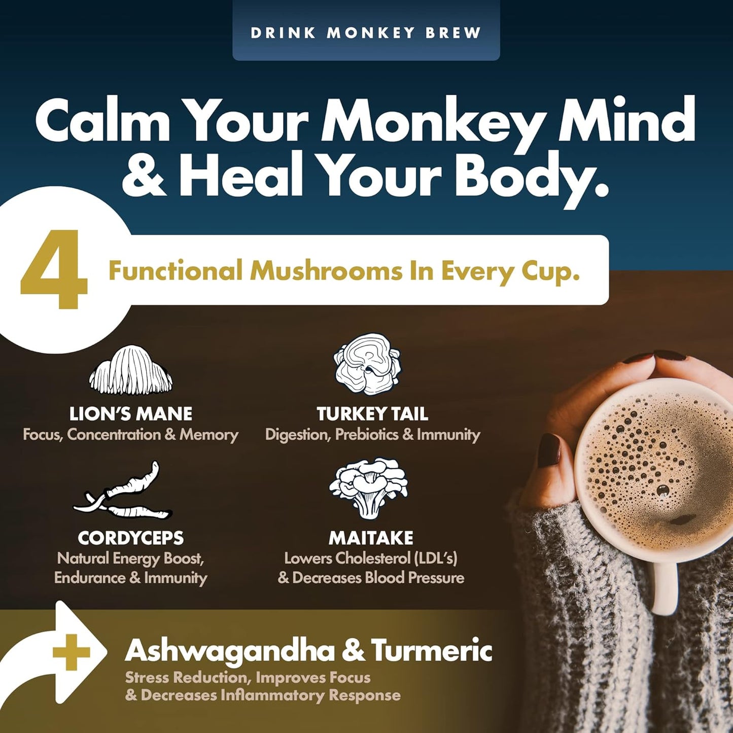 Monkey Brew Original - USDA Organic Mushroom Tea Drink - Non-Caffeinated Mushroom Coffee Alternative with Cacao Powder, Lion's Mane, Turkey Tail, Ashwagandha, Turmeric - Boosts Energy Focus & Immunity