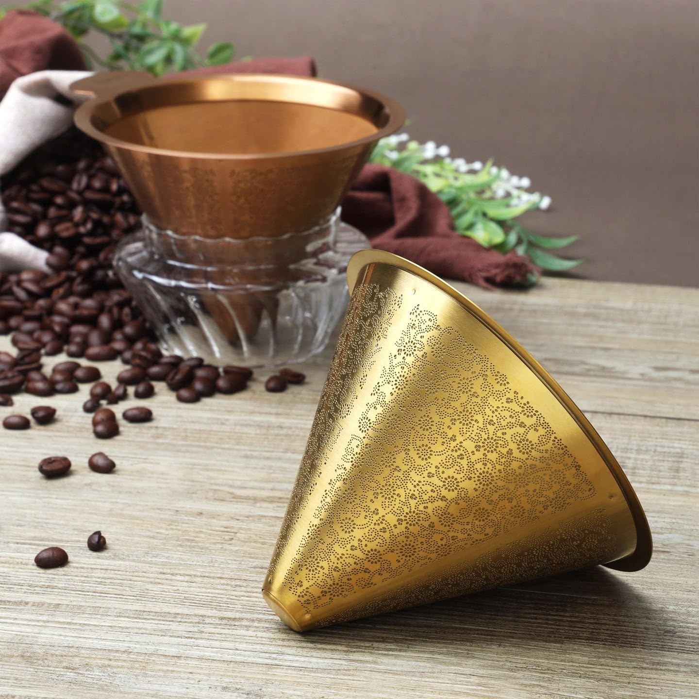 ATHIA Golden Reusable Stainless Steel Pour Over Coffee Dripper, Laser-etched Double mesh Cone Filter, Paperless, Eco-friendly, Fits Hario, Chemex, carafes & Most Coffee Makers (Rose Golden, Cone)