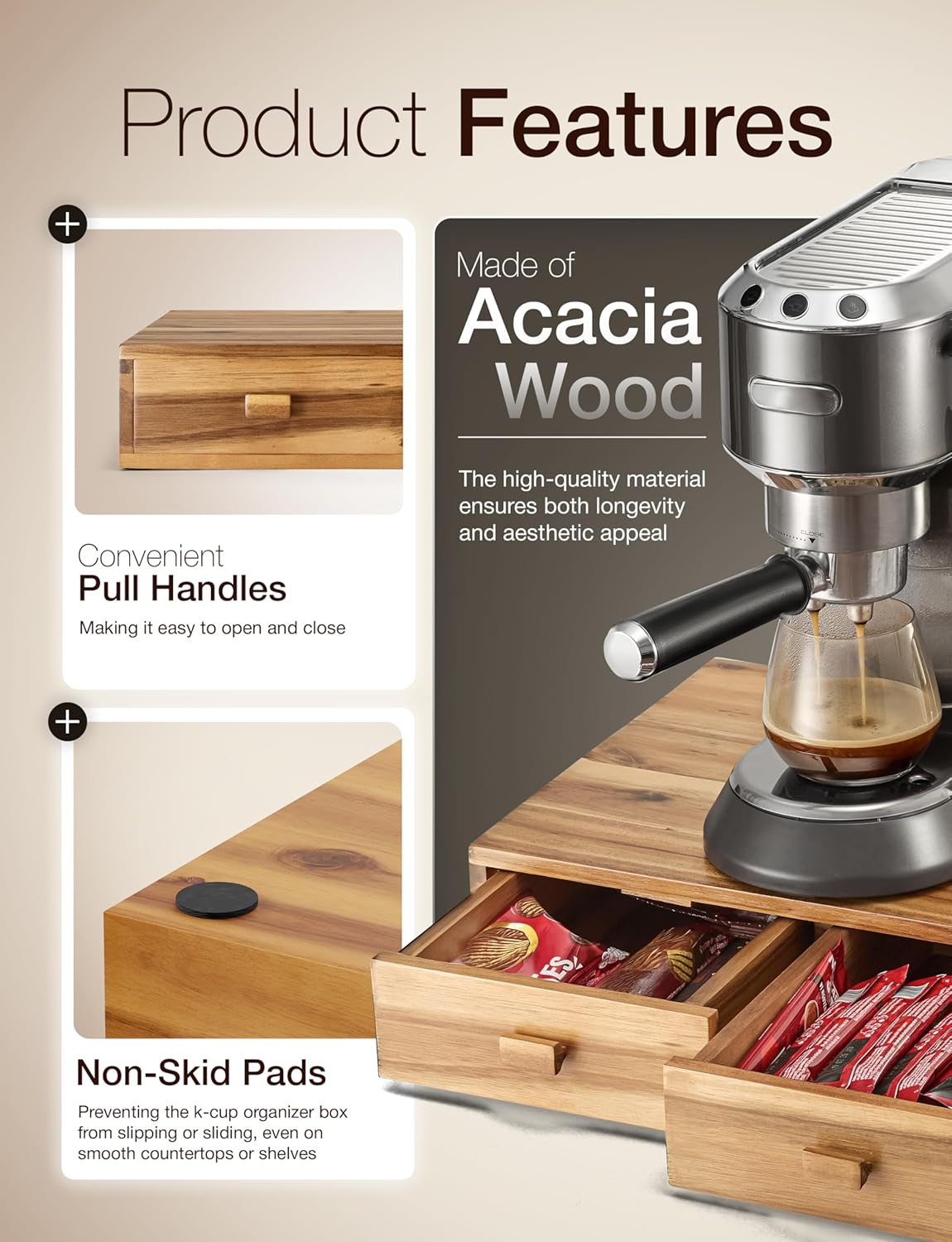 Tinamo Acacia Wood Coffee Pod Storage Box, Coffee Pods and Tea Organizer Holder, K Pod Drawer Coffee Maker Machine Stand, for K-Cup Drawer Organizer Under Brewer (Acacia, 2 drawer)