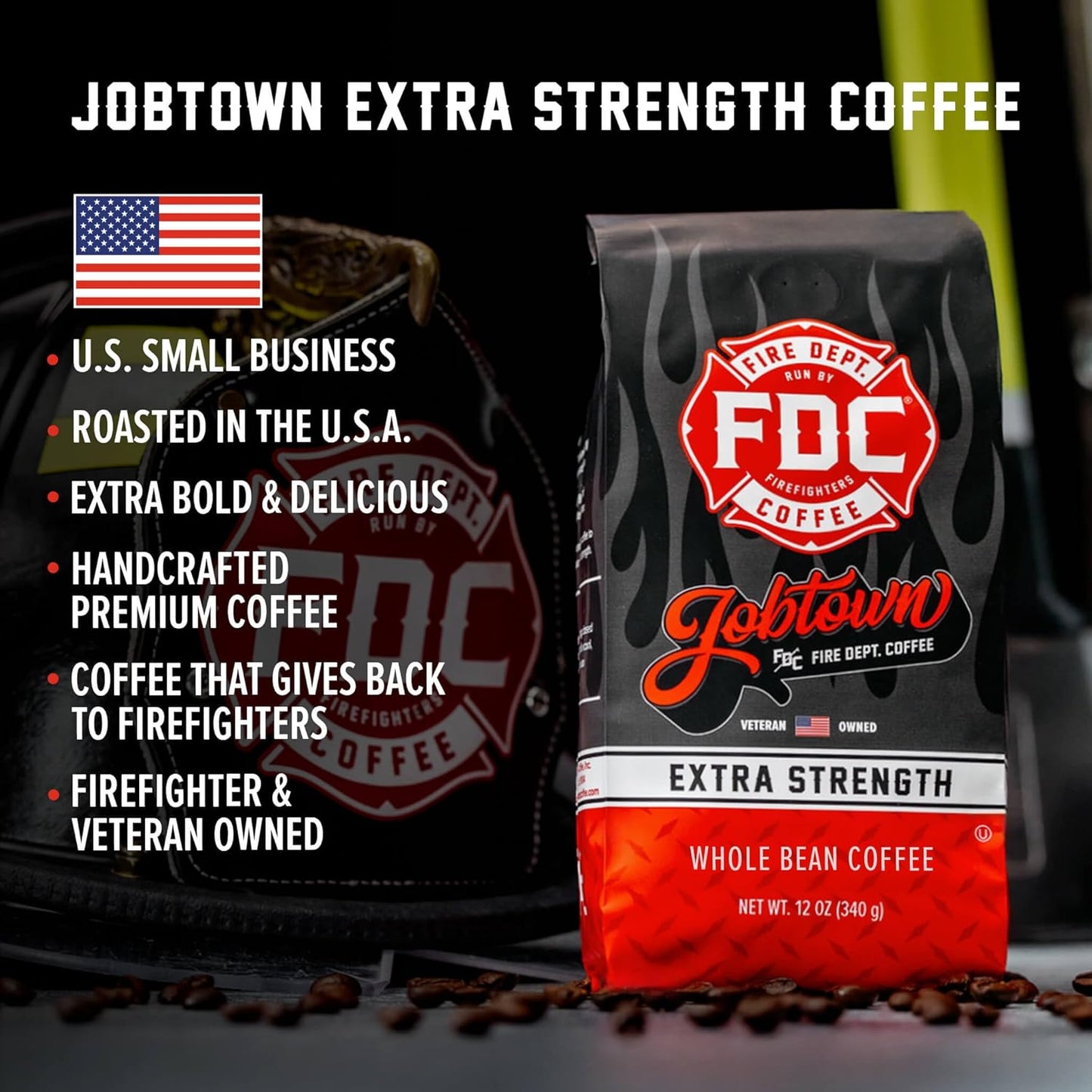 Fire Department Coffee - Gives Back to Firefighters - Jobtown Extra Strength Coffee Beans - Rich & Bold Dark Roast - Roasted in the USA - Veteran Owned - 12 oz