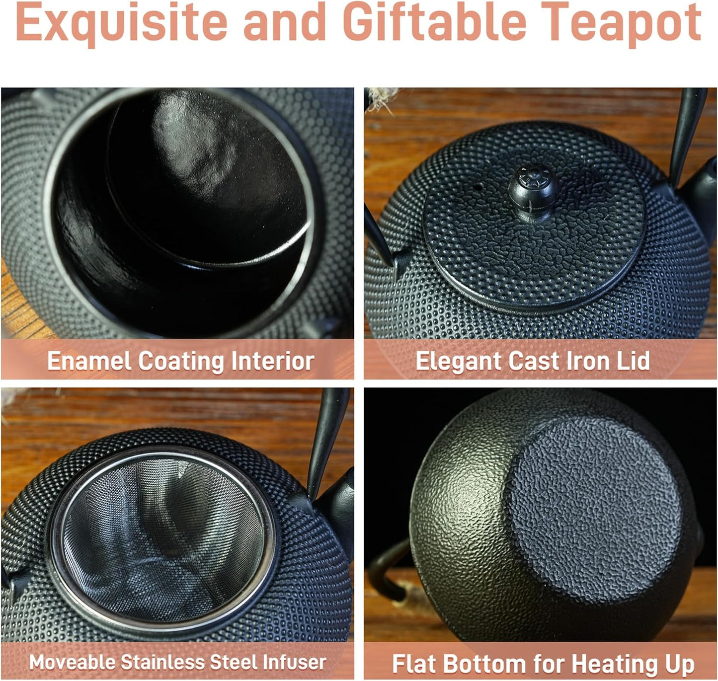 20.3oz Only, Small Tea Kettle for 1-2 Cups, Japanese Tetsubin, Cast Iron Teapot with Stainless Steel Infuser for Loose Leaf & Coffee, Tea Pot for Stovetop Safe, Enamel Interior(Black, 600ml)