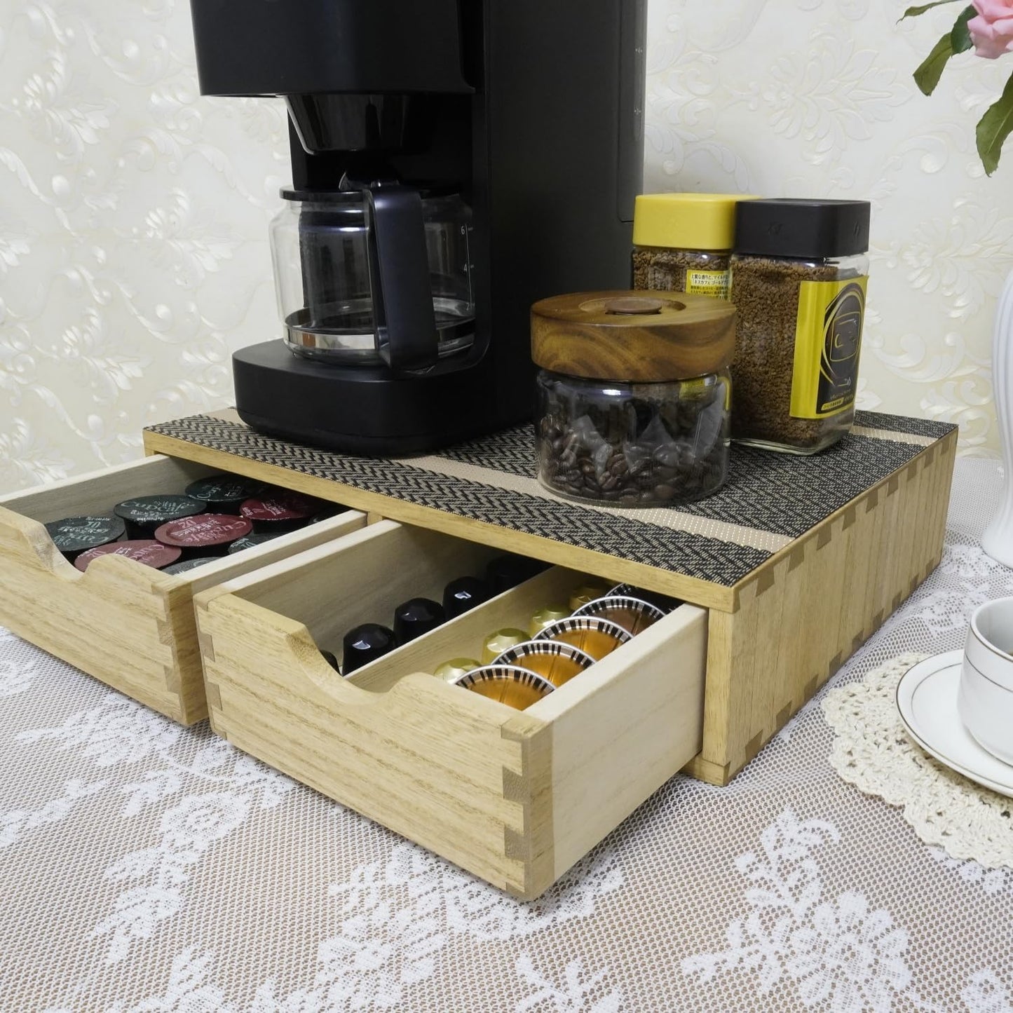 Storage Drawer Holder for Capsules Coffee Pod K-cup Organizer /2 Drawers for Counter Organization for Kitchen Utensil Storage Home Decor Office Supplies- Coffee Brewer Accessories Wood 1D2C-LT