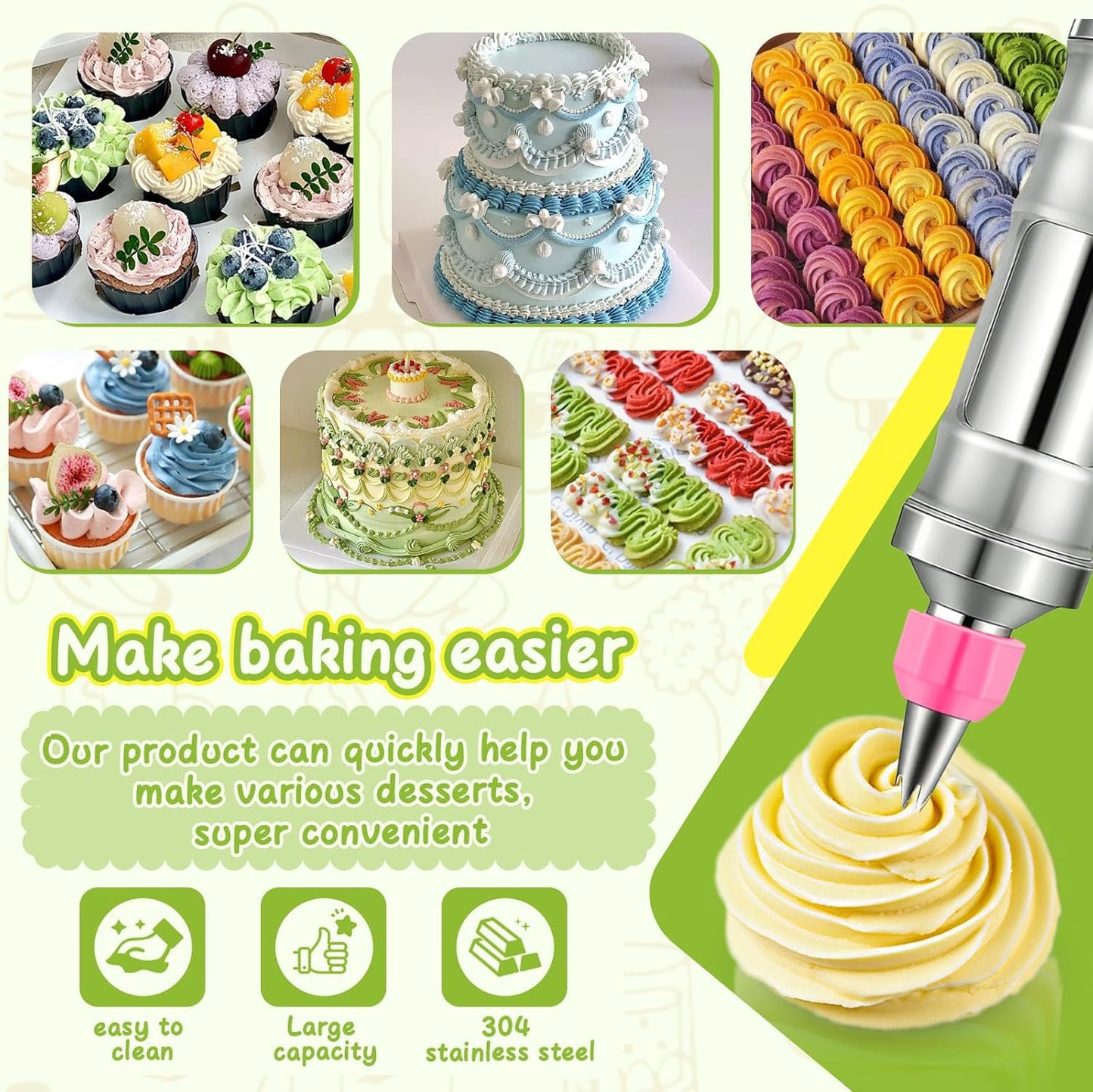 NOVANO Dessert Decorating Syringe Set, Frosting Piping Kit Stainless Steels Cake Decorating Kit with 54 Piping Tips & 9 silicone cupcakes, Cupcake Decorating Kit Piping Bags and Tips Set