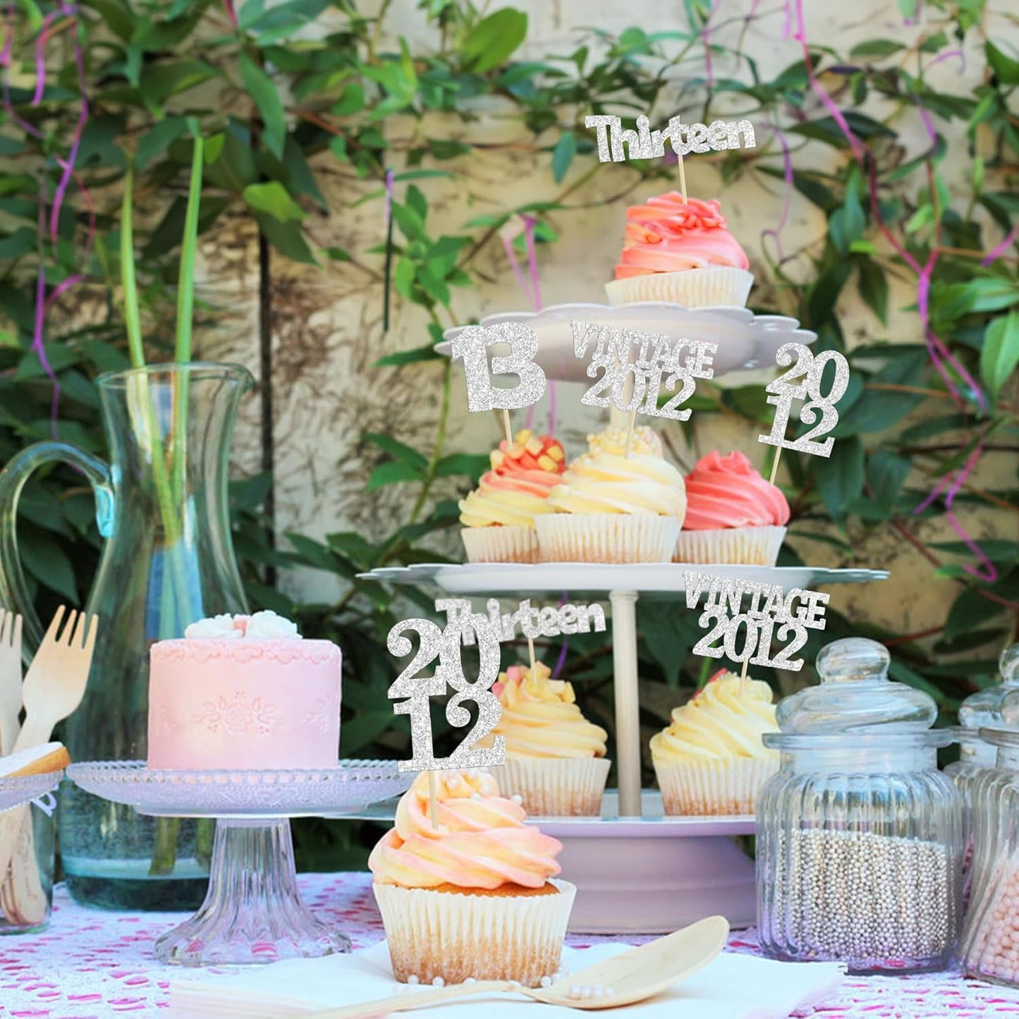 Gyufise 24Pcs 13th Birthday Cupcake Toppers Glitter Thirteen Vintage 2012 Hello 13 Years Birthday Cupcake Picks Official Teenager 13 Cake Decorations for Happy 13th Anniversary Party Silver