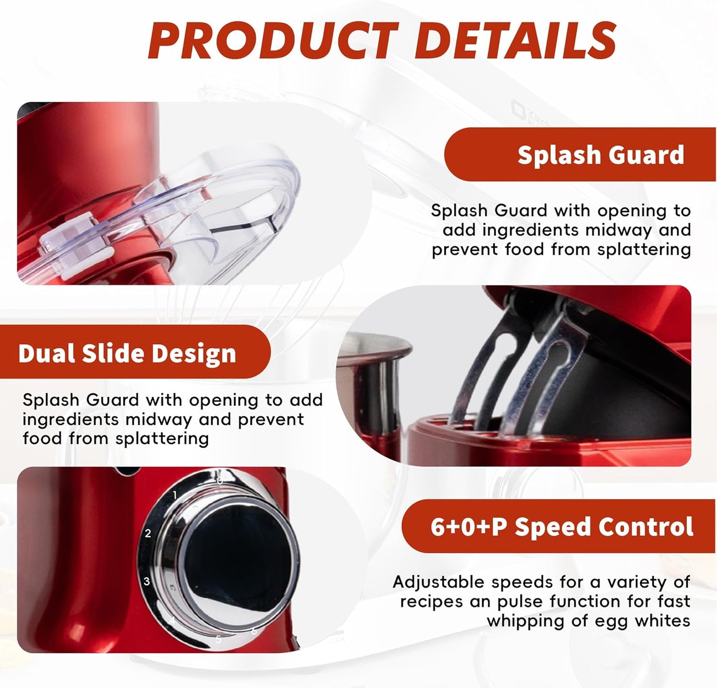 Kitchen in the box Stand Mixer, 900W 7.5QT Kitchen Electric Mixer, 6-Speed Tilt-Head Food Mixer for Baking with Dough Hook,Wire Whip,Beater (Red)