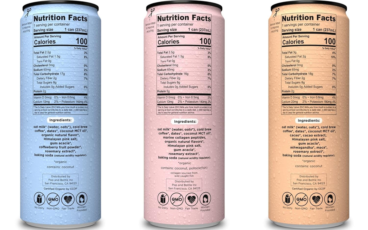 Pop & Bottle, Oat Milk Lattes - Cold Brew, Maca, Antioxidants, Ashwagandha, MCT Oil, Collagen, Organic, Diary Free, Gluten Free, Lightly Sweetened with Dates - Variety, 8 Fl Oz (12 Pack)