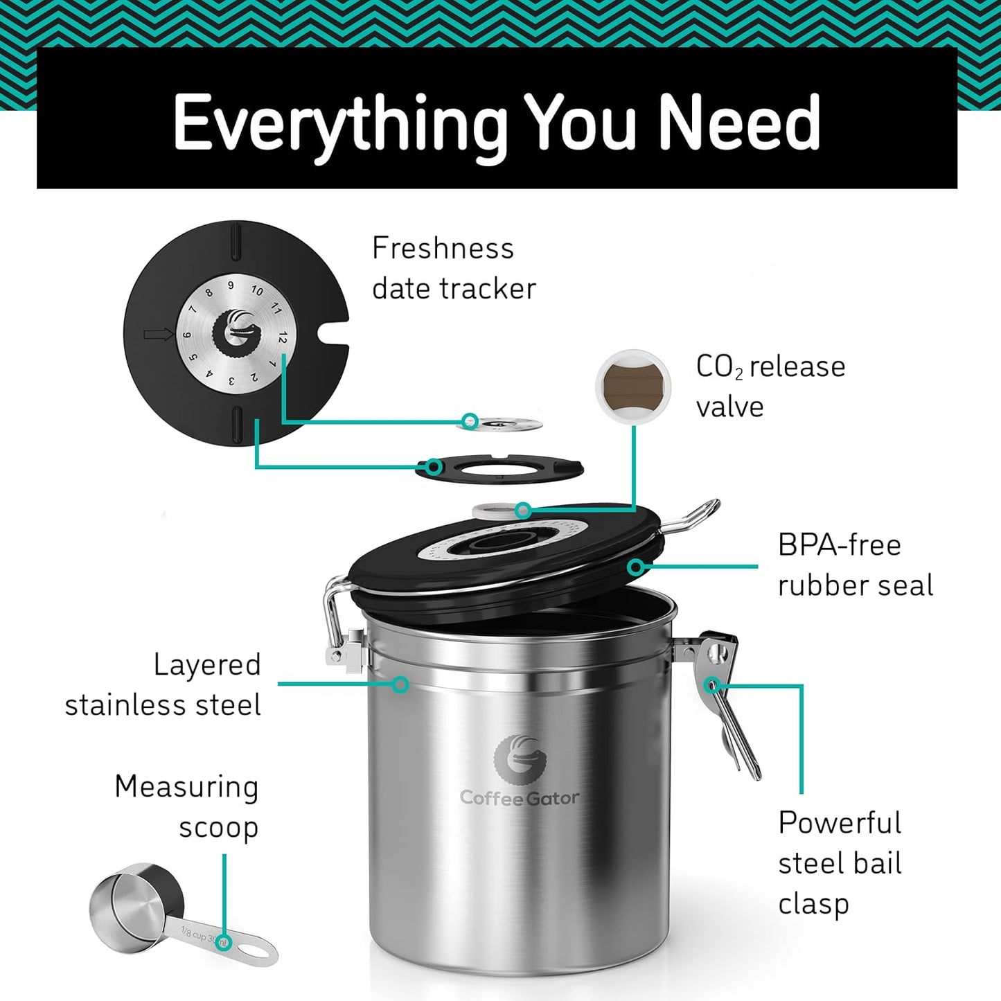 Coffee Gator Coffee Canister, 11oz Airtight Stainless Steel Kitchen Food Storage Container with Date Tracker, CO2-Release Valve and Scoop for Sugar, Beans, Tea, Sugar, Cereal, Cookies Jars - Black