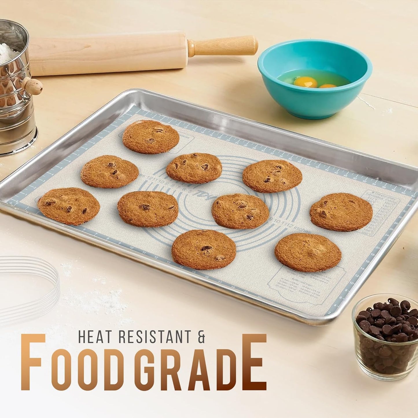 36 * 24 inches white grey, Non-Slip Silicone Baking Sheets - Baking Mat with 0.7mm Thickness - Non-Stick Pastry & Cookie Mat for Kitchen Counter for Rolling Out Dough with Measurements.