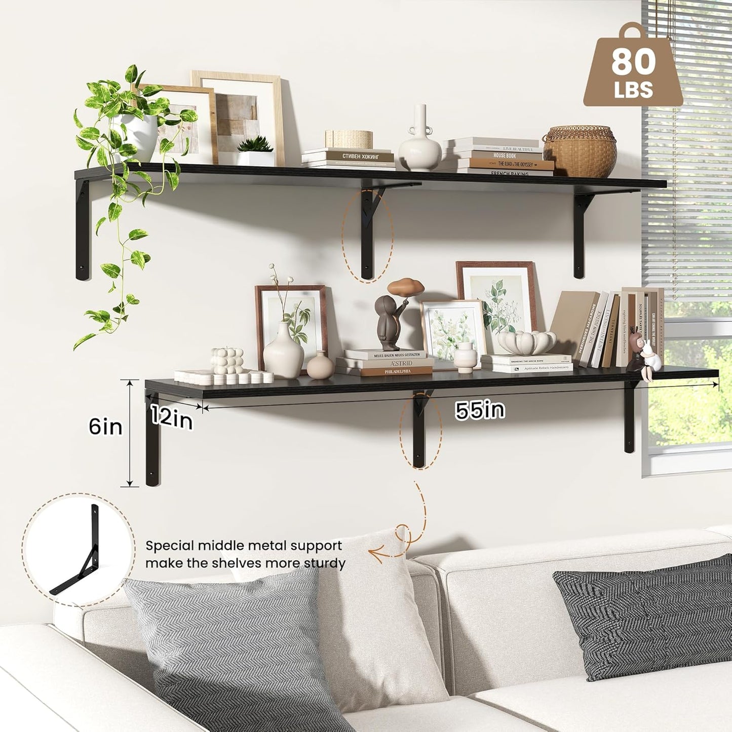 Fun Memories Floating Shelves for Wall, 12 Inch Deep Floating Shelves Set of 2, Wall Mounted Shelf with Metal Brackets, Rustic Wood Wide Shelf for Bathroom, Kitchen and Living Room, Black, 55W x 12D