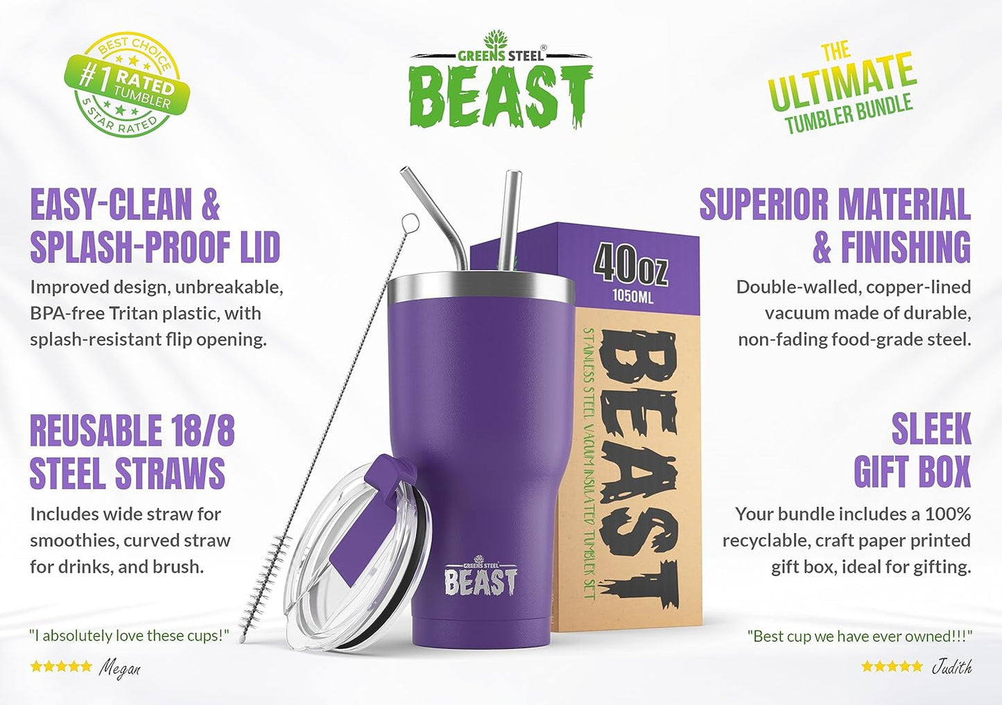 Beast 40 oz Tumbler Stainless Steel Vacuum Insulated Coffee Ice Cup Double Wall Travel Flask (Purple)