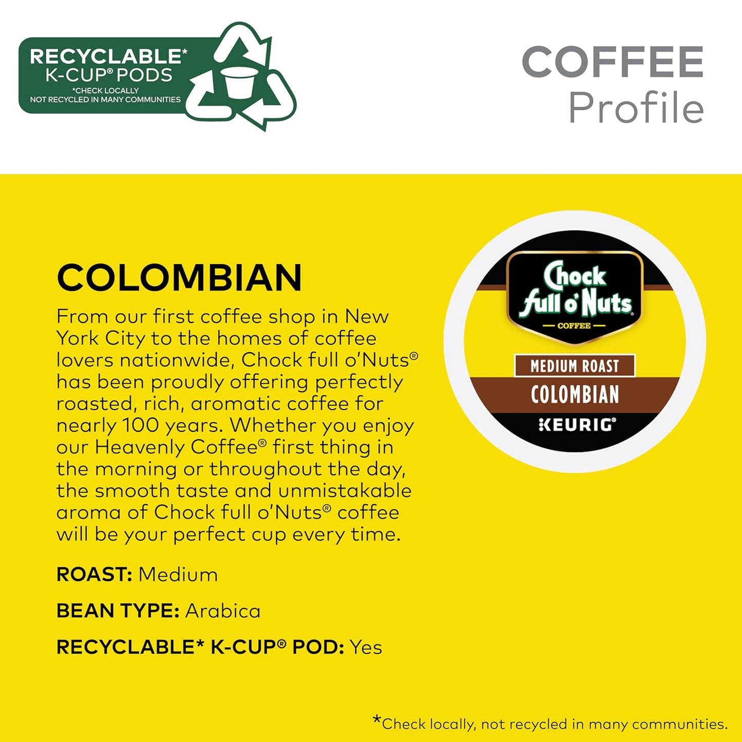 Chock Full o'Nuts Colombian Coffee, Compatible with K-Cup Pods, 12 CT (Pack of 6)