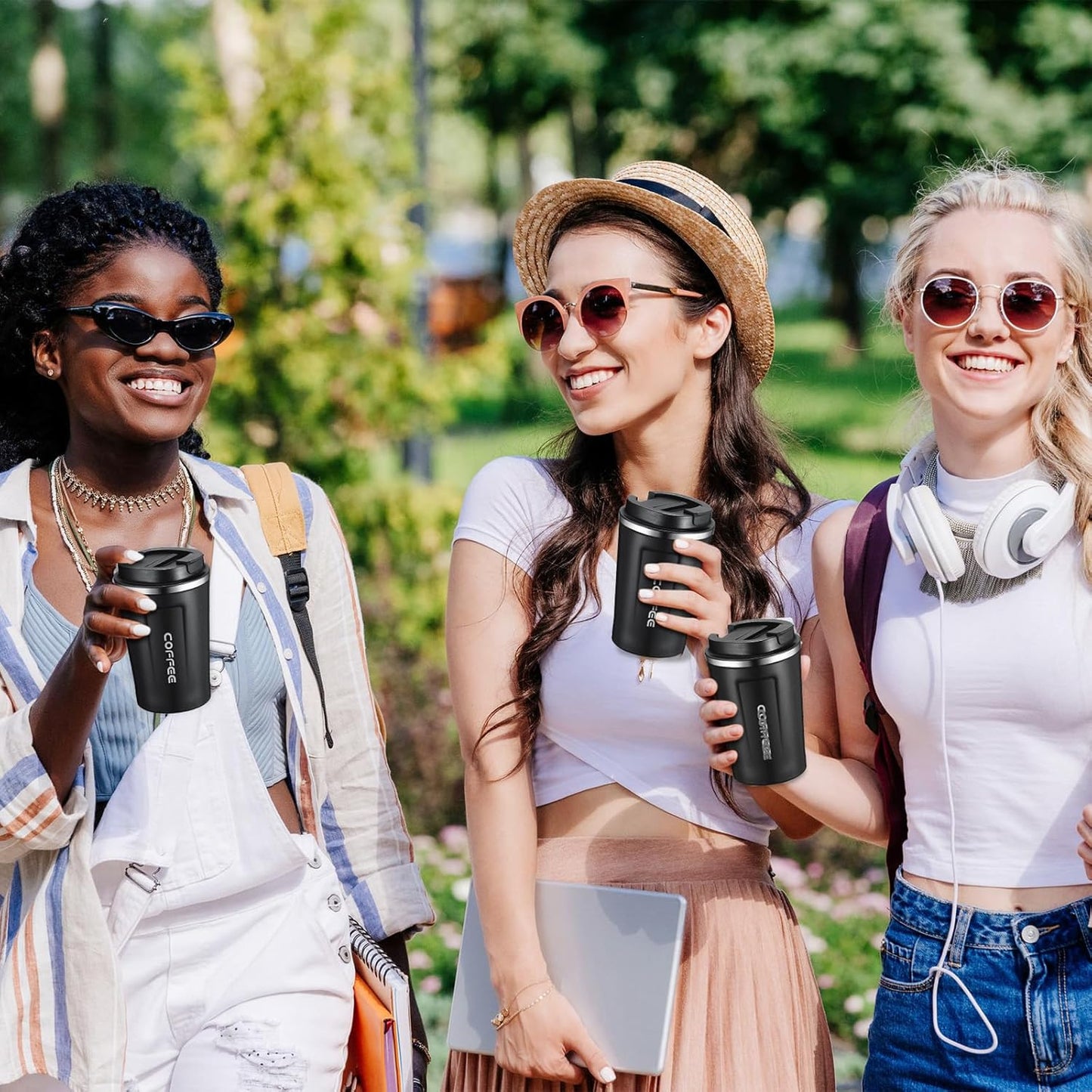 Sieral 4 Pcs 13 oz Travel Coffee Mug Insulated Reusable Coffee Cups with Leakproof Lid Stainless Steel Portable Tumbler for Keep Hot or Ice Milk Tea(Black)