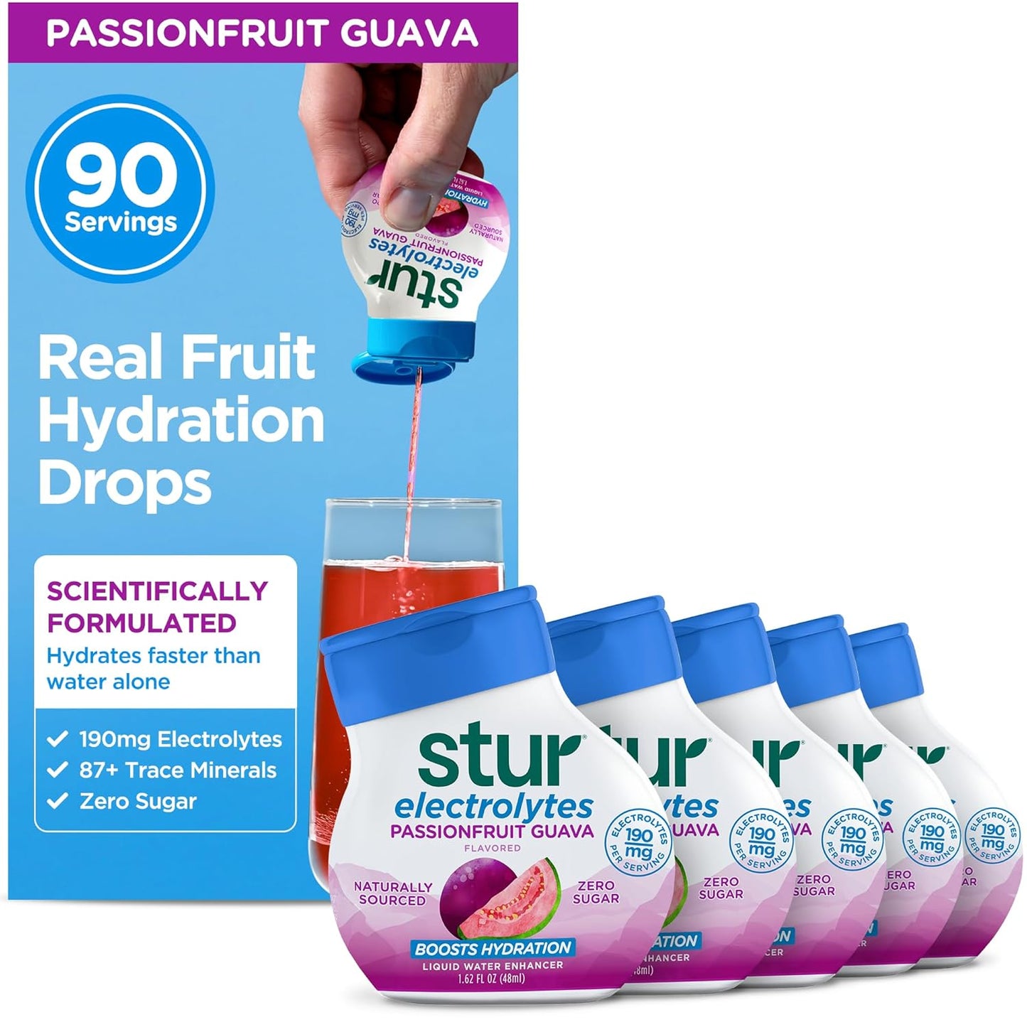 Stur Electrolyte Water Enhancer | Sweetened with Stevia | High in Vitamin C & Antioxidants | Sugar Free | Zero Calories | Keto | Vegan | 5 Bottles, Makes 90 Drinks (Passionfruit Guava)