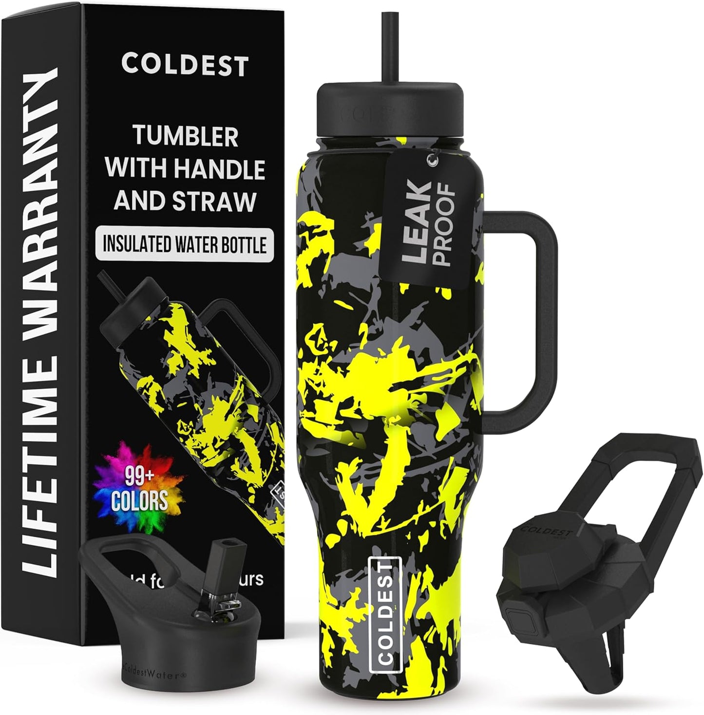 Coldest 40 oz Tumbler with Handle and Straw - 100% Leak Proof Insulated Tumbler with Lid and Straw (3 Lids) - Stainless Steel Tumblers for Women & Men - Cup Holder Friendly Base, 46 oz (Off Road)