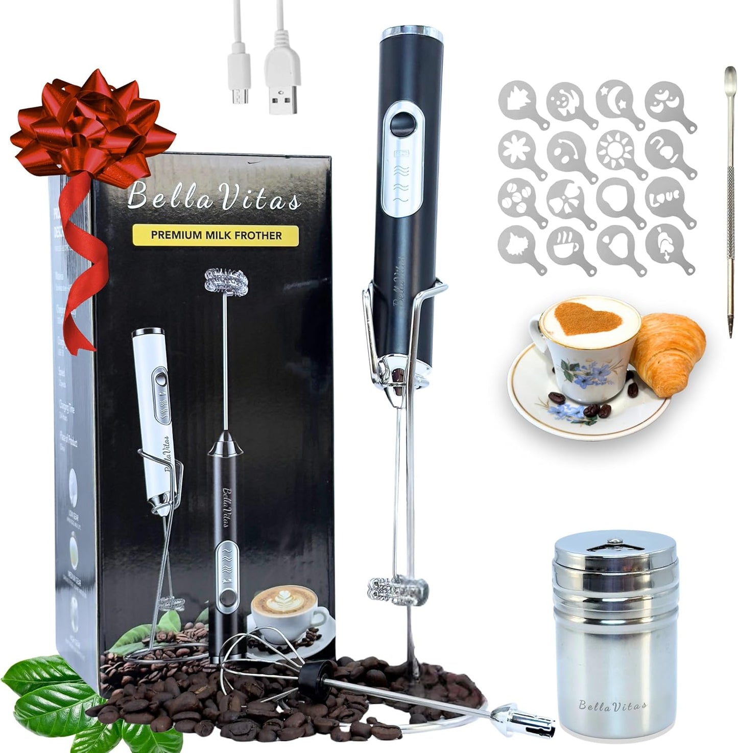 Milk Frother Handheld Rechargeable 3-Speed Electric Frother Wand Whisk Foam Maker Drink Mixer with Stand, 2 Whisks, Spice Shaker, Art Stencils, Art Pen for Coffee Latte, Cappuccino, Black